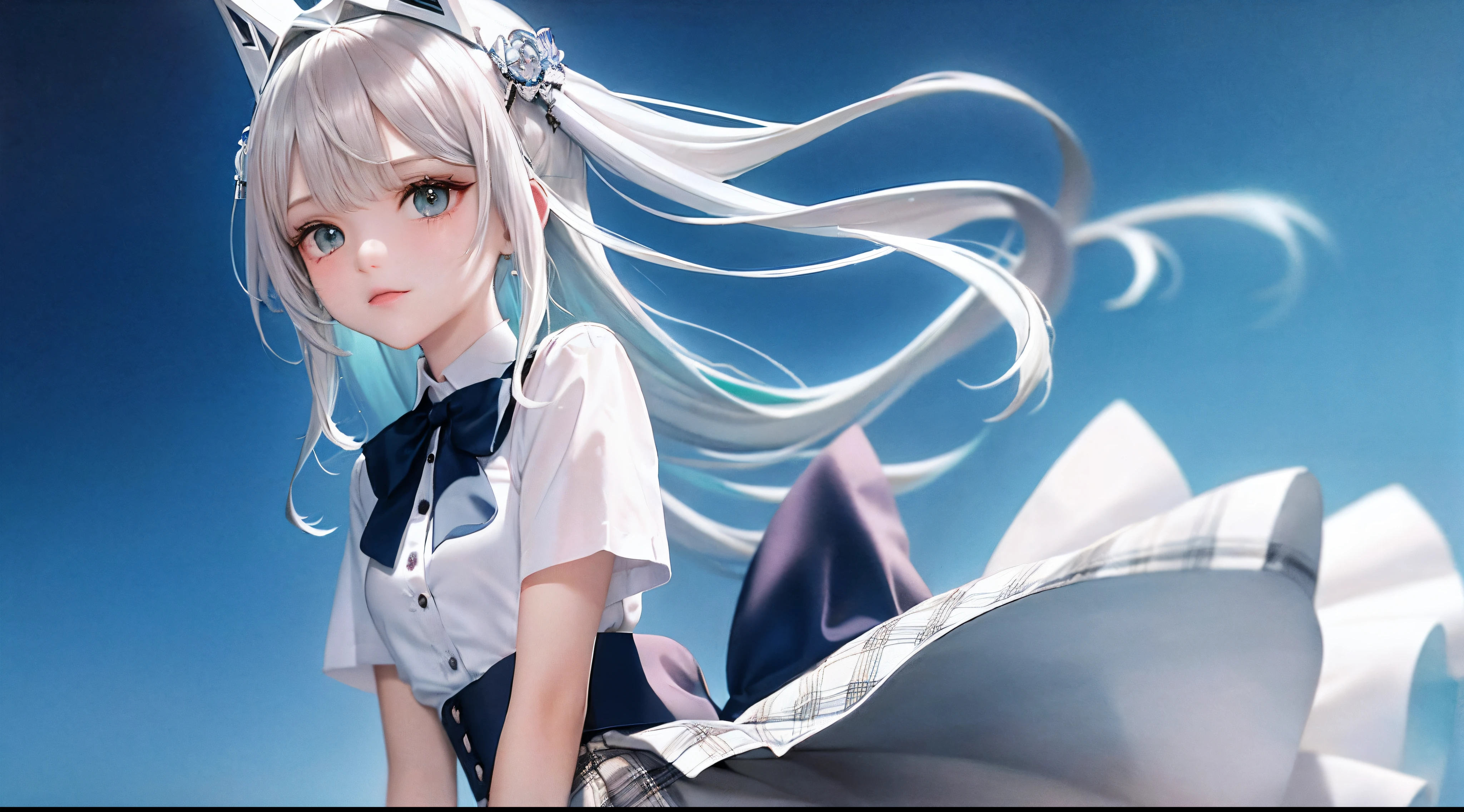 1girl, (masterpiece:1.1), (best quality:1.1), (white blouse:1.1), (plaid skirt:1.1), school uniform, high waist skirt, BREAK [blue:pink:0.5] theme, (gradient background:1.1 ), cowboy shot, BREAK silver hair, long hair,, green eyes, delicate headgear, looking sideways,