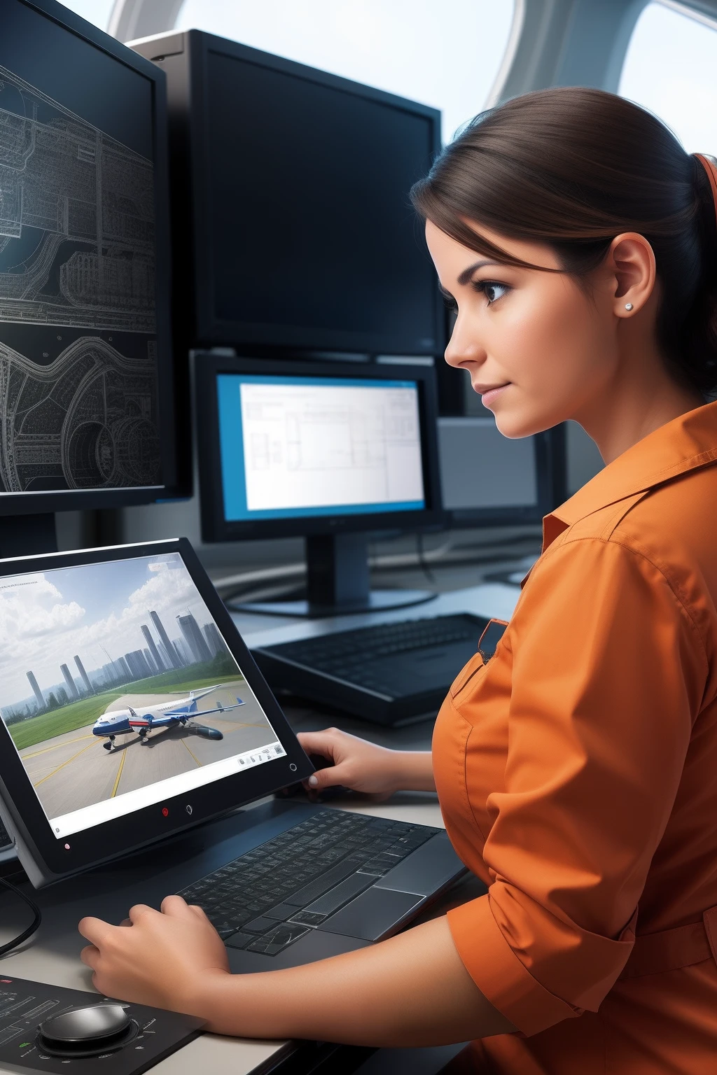 woman cad designer at an aircraft factory designing air craft parts on a computer, landscape image
