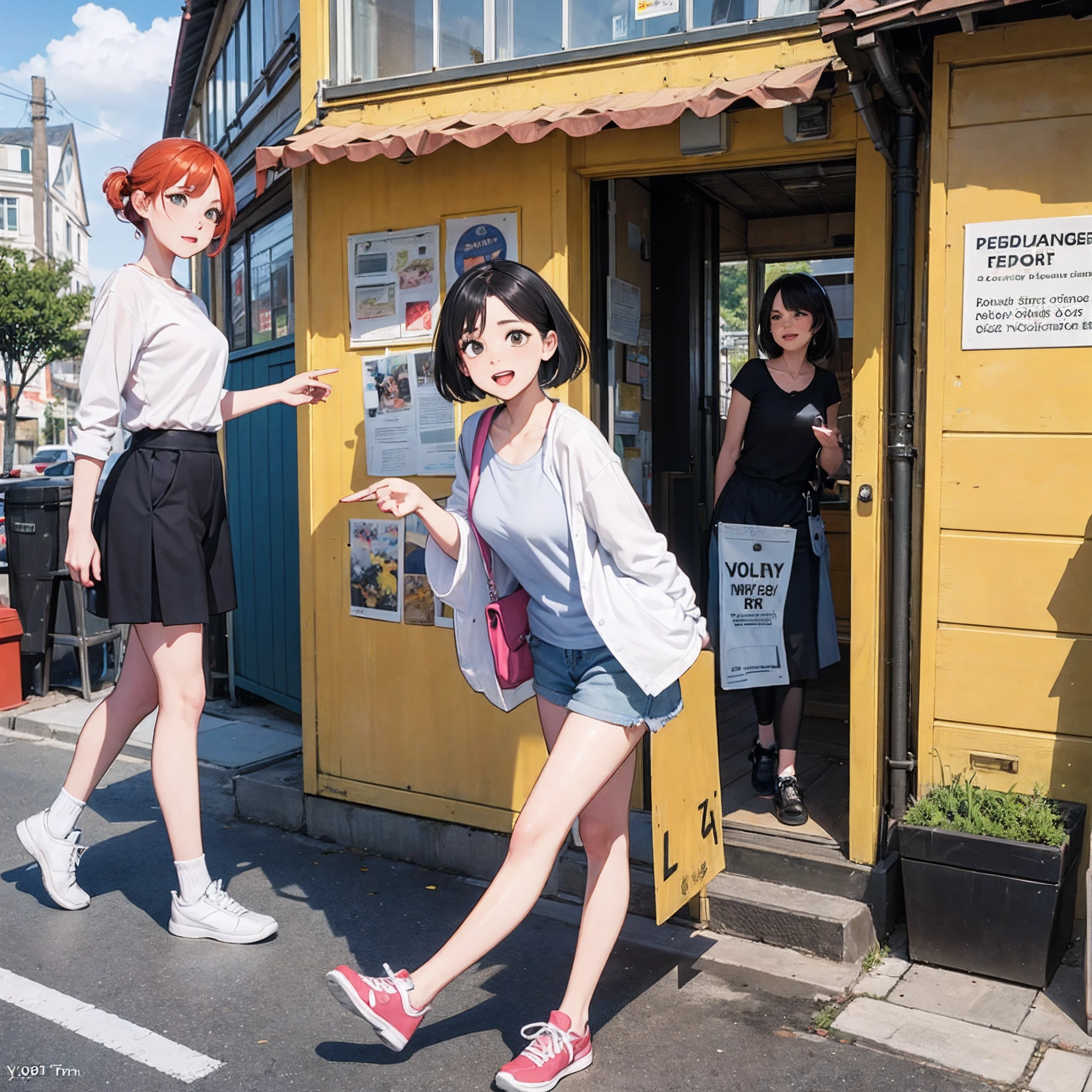 yard, Ray traching, comic ?????, a 3D render, Cartoons, Cute style, and the sun was shining brightly, exteriors, 5 Middle-aged,3 men,2 women,Stand on the ground and chat,Clear facial features,Biology is perfect,Modern casual wear,the detail, 4K, k hd, high high quality