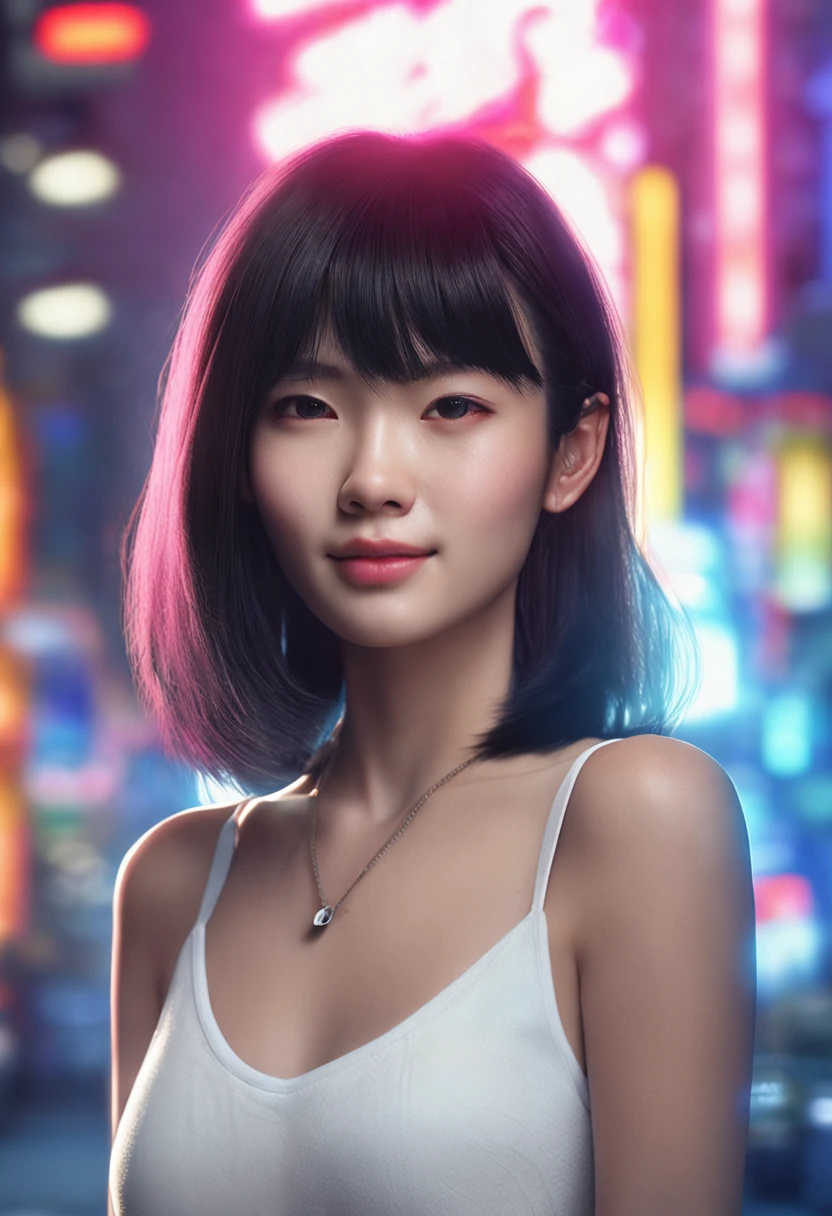 Straight black hair, Silky hair, The hairstyle is short Bob, Wear a well-fitting white T-shirt, Large of breast, Luminism, smooth soft skin, Symmetrical, Natural skin texture, Neon is illuminated with neon as the only light source, young Japan woman，Smooth and fair skin, 24 years old, Smiling, Detailed face, photorealistic paintings, Soft soft glitter, looks into camera, 8K, trending on artstationh, an award winning photograph, Cinematic smoothness, intricately details, studio photo, Highly detailed, Simple background.