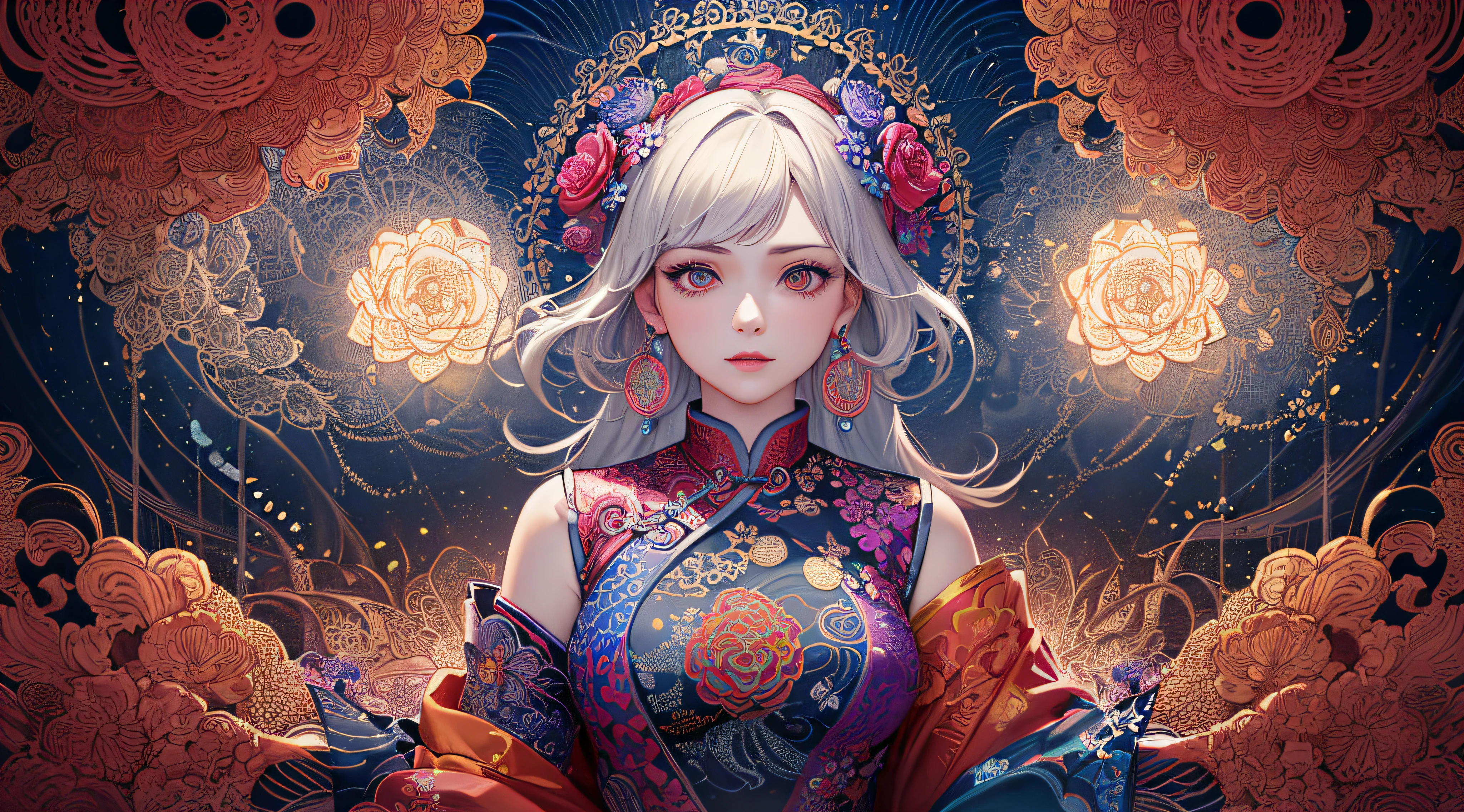 (masterpiece, top quality, best quality, official art, beautiful and aesthetic:1.2), (1girl:1.3), extremely detailed,(fractal art:1.1),(colorful:1.1)(flowers:1.3),highest detailed,(zentangle:1.2), (dynamic pose), (abstract background:1.3), (chinese Traditional cloth:1.2), (shiny skin), (many colors:1.4), ,(earrings:1.4), (half body:1.5)