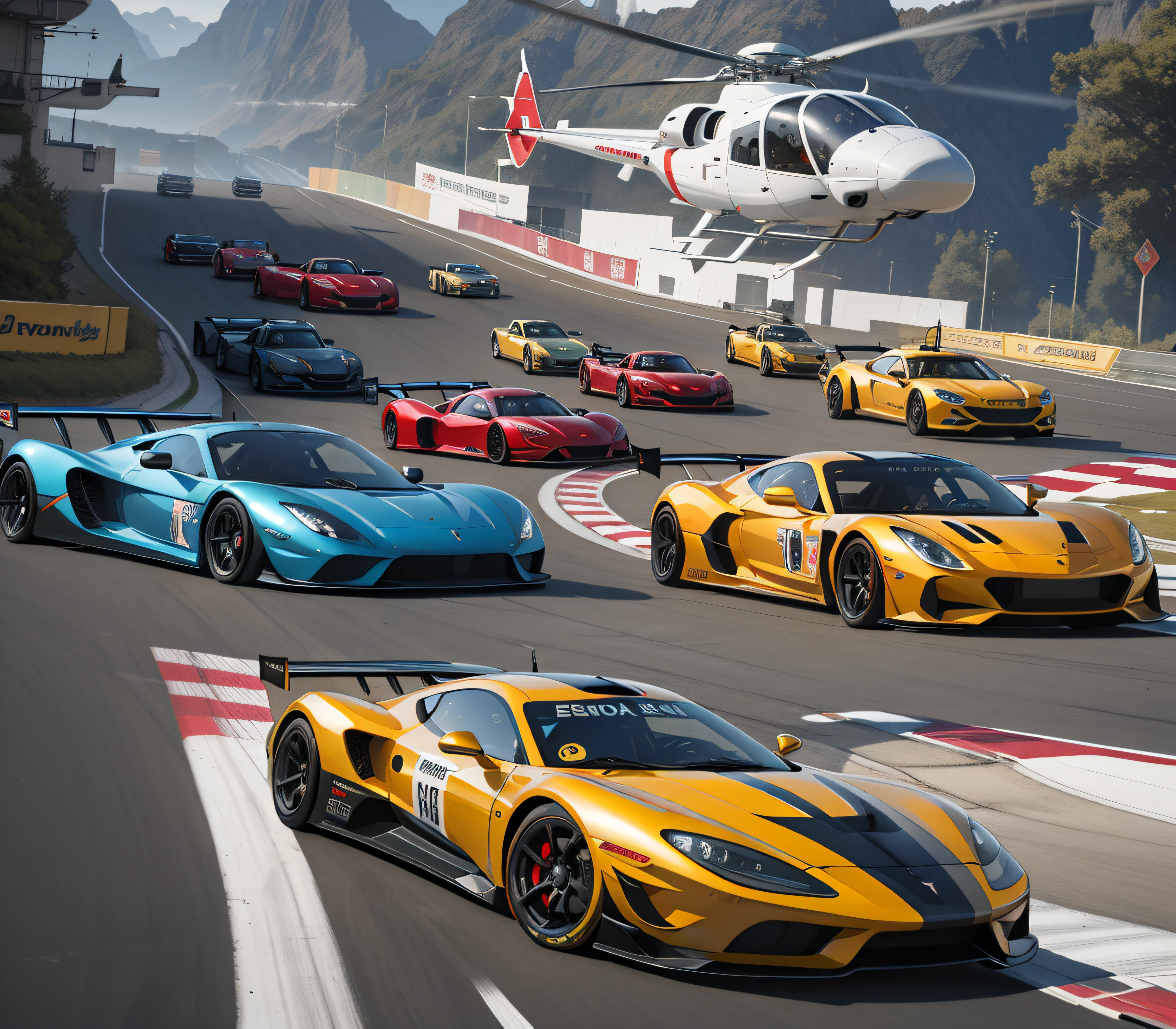 Race on the Alafeld circuit,The helicopter flew overhead, Many exotic cars, massive vertical grand prix race, CG art, realistic cars, powers, Game CG, Official artwork, ethnicity, pc screenshot, background artwork, masterpiece concept art, concept art artwork masterpiece, race track background, Sports cars, In Frankford thermos, Game illustration, album,surrealism, Verism, Chiaroscuro, Cinematic lighting, Ray tracing, reflective light, hyper HD, retinas, Masterpiece, ccurate, Super detail, High details, High quality, Award-Awarded, Best quality, A high resolution, 8K