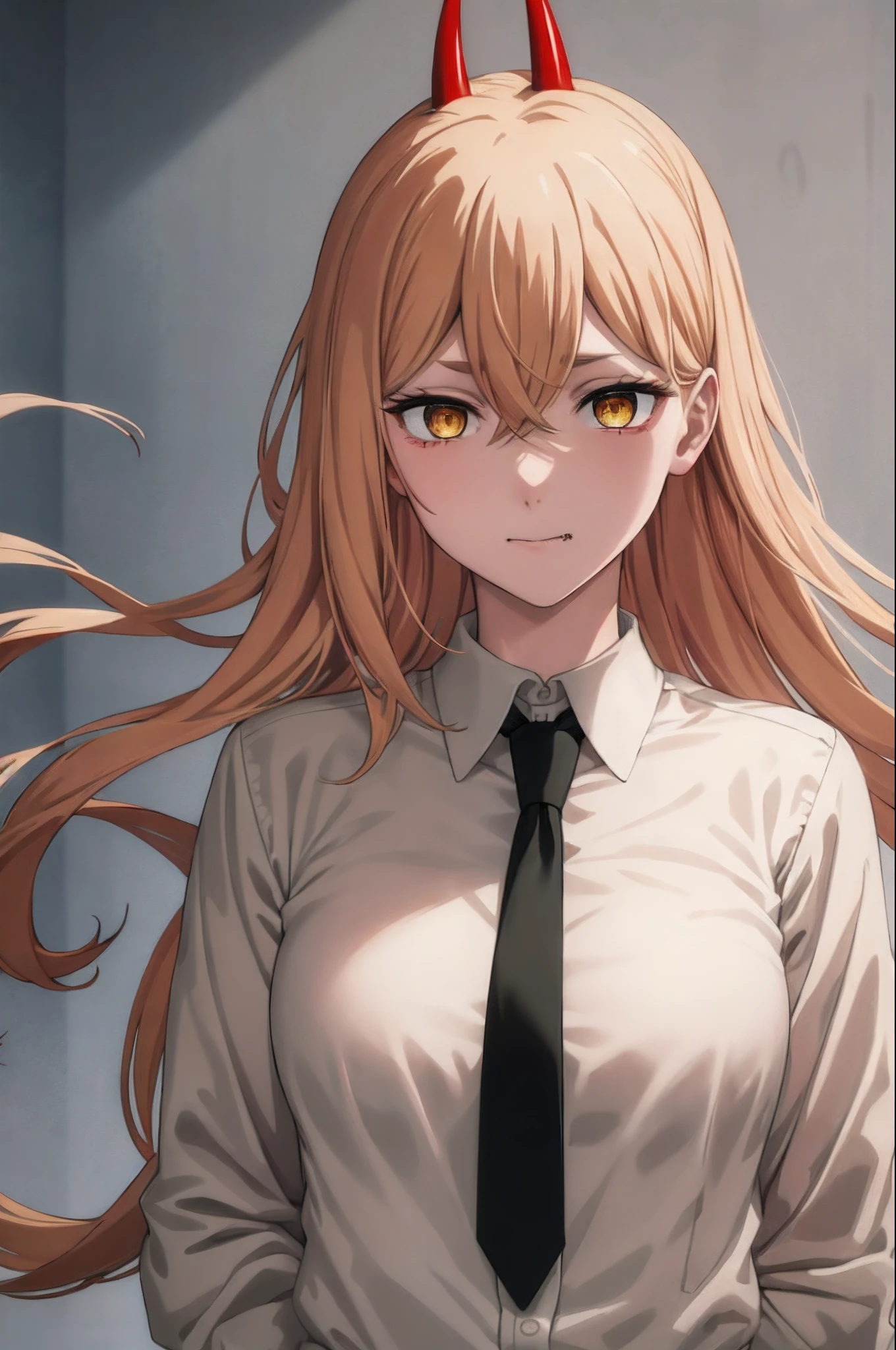 (best quality), (masterpiece), (solo), 1girl, power_csm, blonde hair, yellow eyes, cross-shaped pupils, symbol-shaped pupils, red horns, white buttoned shirt, blue jacket, black necktie, ((evil, blood, sadistic))