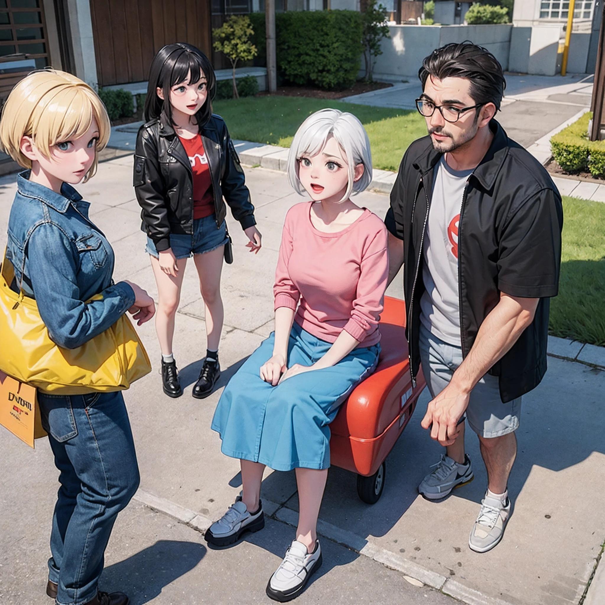 yard, Ray traching, comic strip, a 3D render, Cartoons, and the sun was shining brightly, exteriors, 5 Middle-aged,3 men,2 women,Stand on the ground and chat,Clear facial features,Biology is perfect,Modern casual wear,the detail, 4K, k hd, high high quality