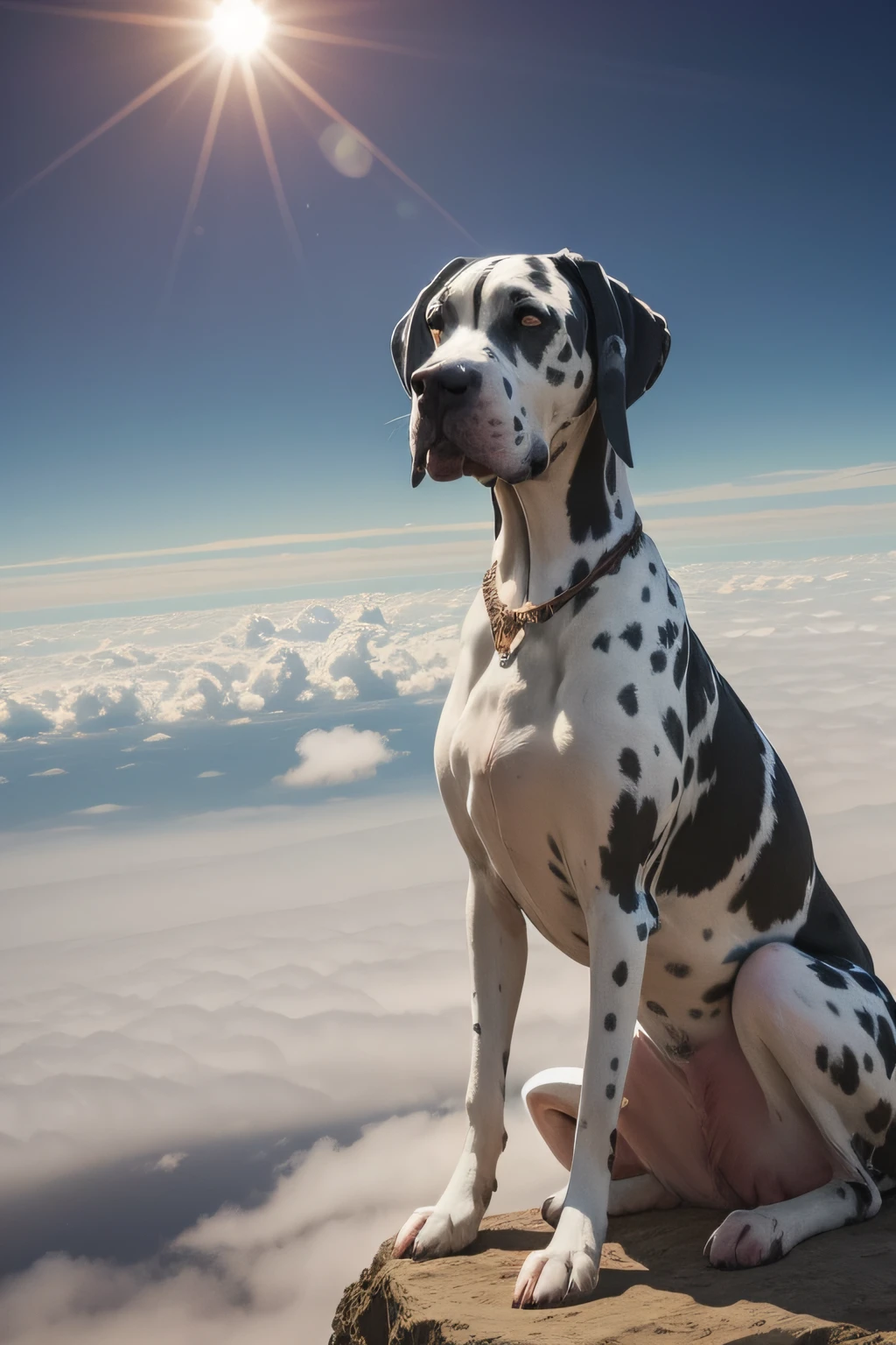 "Majestic female harlequin Great Dane above the clouds"