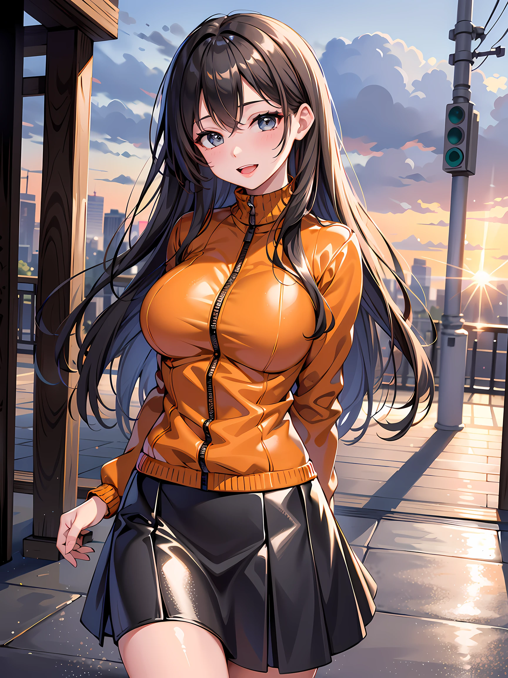 anime、One female、long brown hair、curly hair、blue eyes、dense lips、well-groomed face、blue knit clothes、black coat、black shorts、beautiful breasts、Cherry tree、Kyoto cityscape、night、masterpiece、ultra high resolution、delicate、16K、perfect lighting