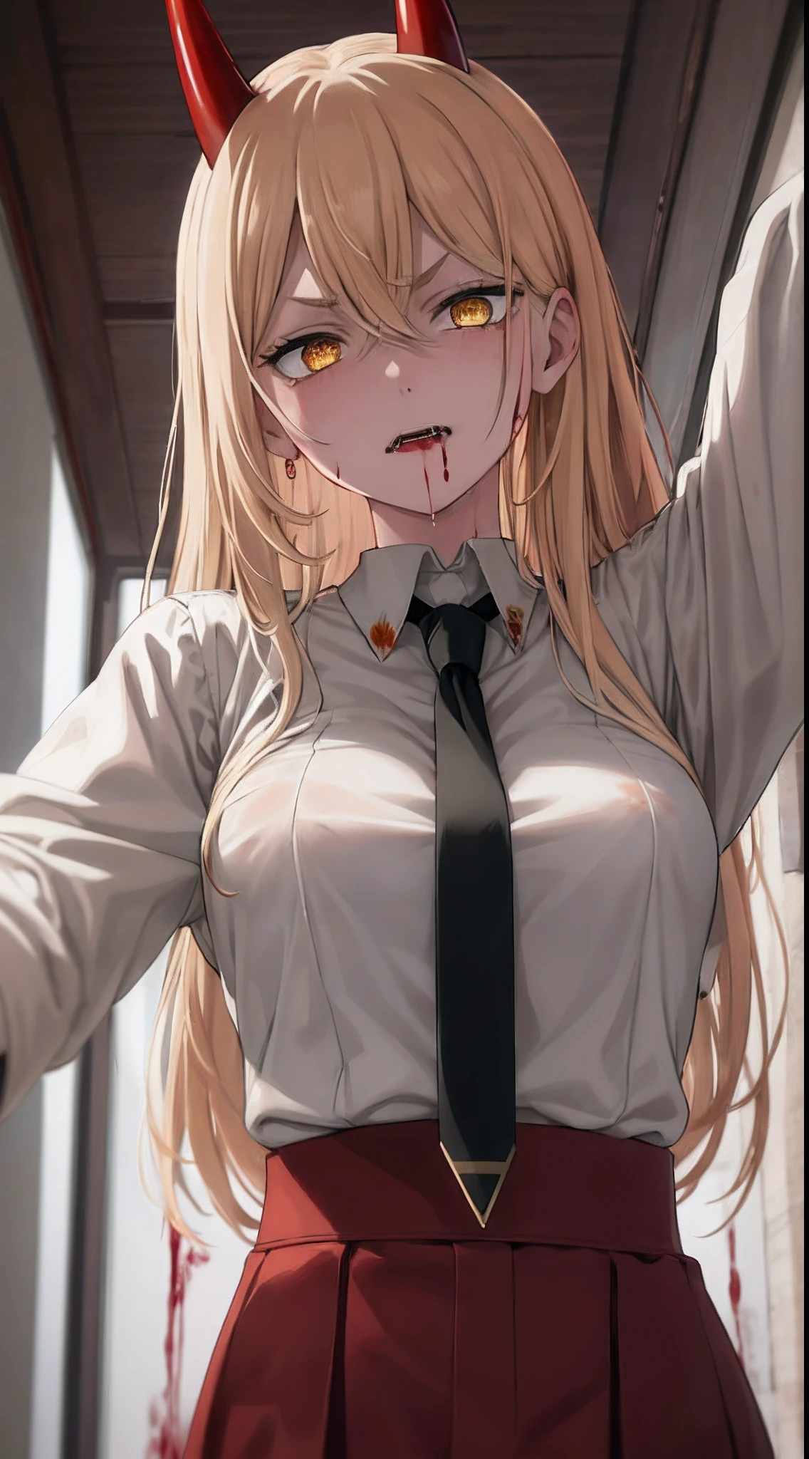 (best quality), (masterpiece), (solo), 1girl, power_csm, blonde hair, yellow eyes, cross-shaped pupils, symbol-shaped pupils, red horns, white buttoned shirt, blue jacket, black necktie, ((((evil, blood, sadistic))))