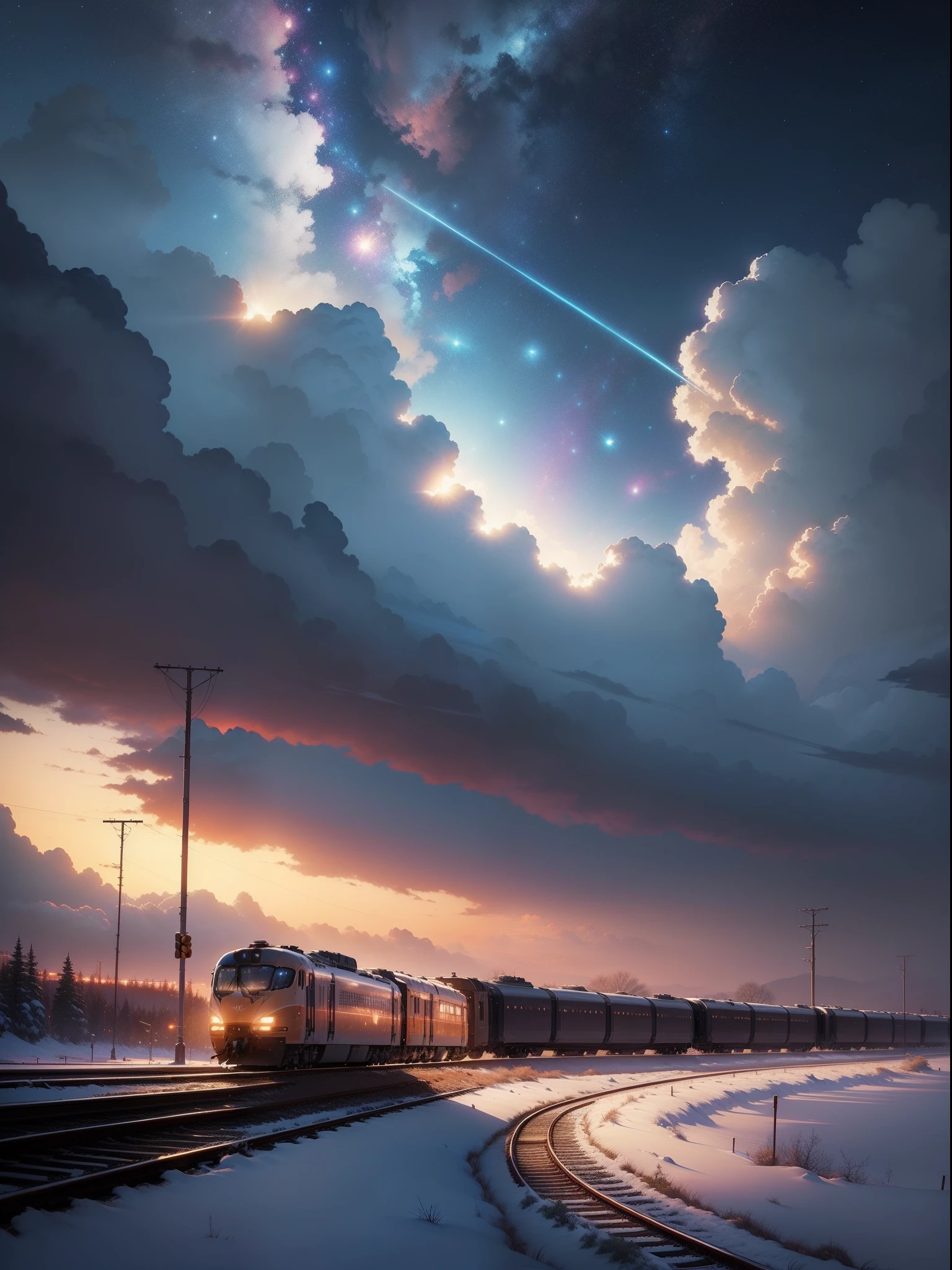 There is a train running along the tracks in the snow, Makoto Shinkai&#39;s concept art, tumblr, magic realism, beautiful anime scenes, cosmic sky. by makoto shinkai, ( ( makoto shinkai ) ), anime background art, anime backgrounds, Makoto Shinkai&#39;s style, anime movie backgrounds, galaxy express, no humans.