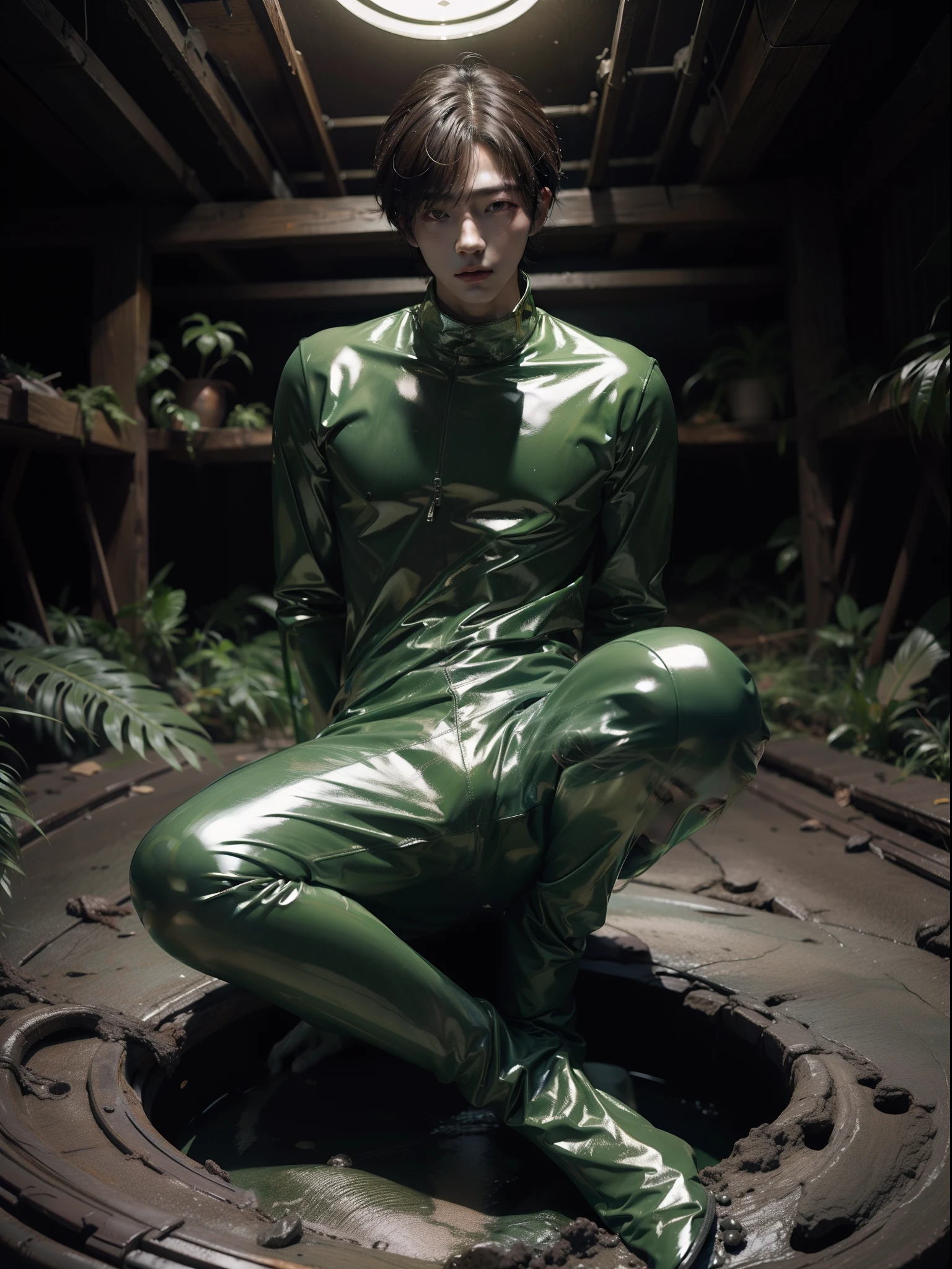 Swampland Hwang Hyun-chen Green Shiny Latex Set Young Korean Male Full Body Photo Trapped in a Mud Tight Latex Set