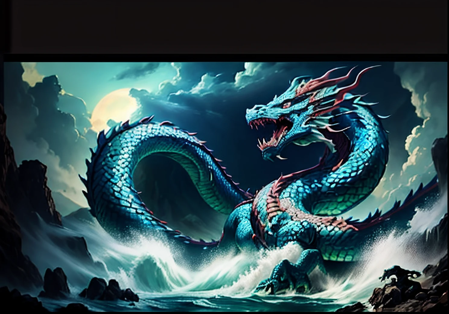 Drawing of a dragon with a large beak, Green streaks and a large tail in wavy water..,evening,Red Sun, Green Dragon Fantasy, Sea snake, serpentine water monster, water dragon, smooth chinese dragon, chinese dragon concept art, epic dragon, The snake has great mysterious wings., Oil painting of a dragon, colossal dragon as background, dragon art, Chinese dragon, blue dragon, Majestic Japanese Dragon, God of Dragons,snake