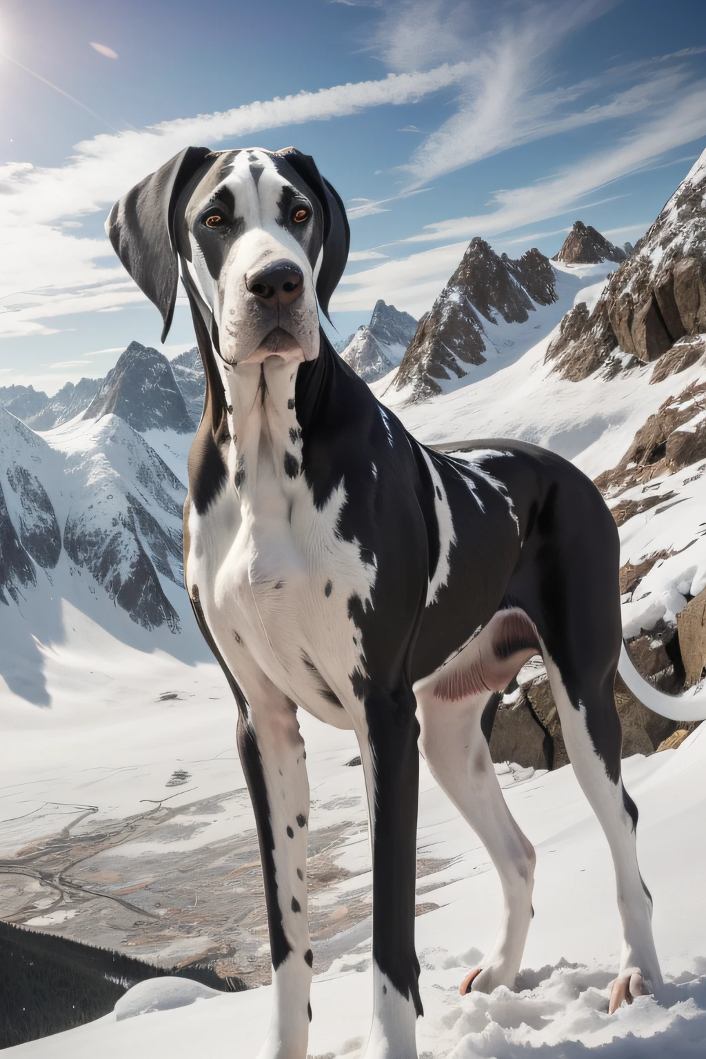 "Majestic harlequin female Great Dane on a snowy mountain"