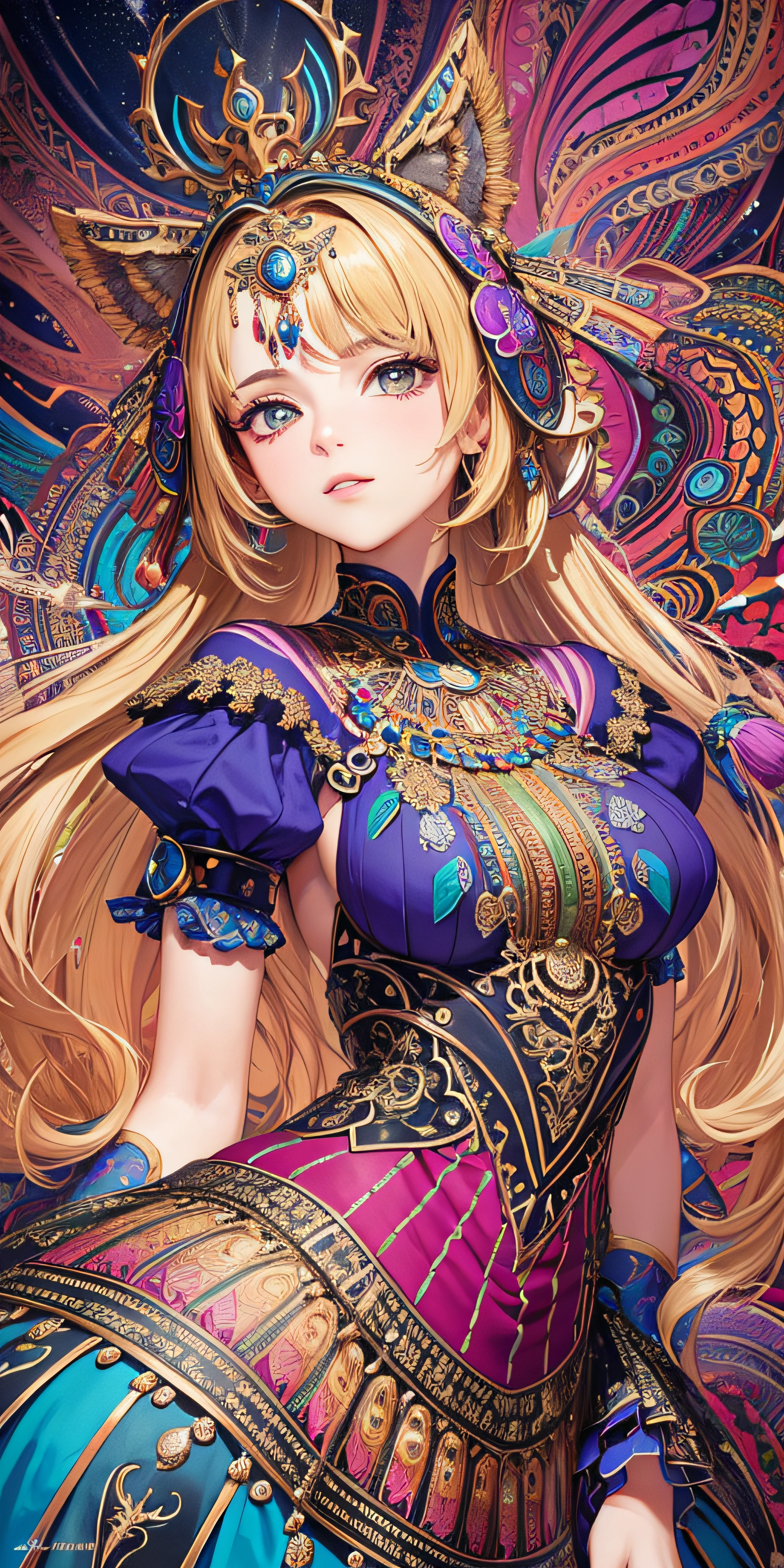 (Masterpiece, Top Quality, Best Quality, Official Art, Beauty and Aesthetics: 1.2), (1girl: 1.3), Very Detailed, (Fractal Art: 1.2), (Colorful: 1.3), Most Detailed, (Zentangle: 1.2), (Dynamic Pose), (Abstract Background: 1.5), (Traditional Clothing: 1.2), (Shiny Skin), (Multiple Colors: 1.4), Upper Body