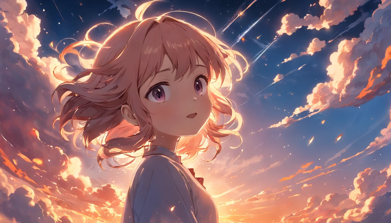 masterpiece, best quality, movie still, 1girl, cloud girl, floating in the sky, close-up, bright, happy, warm soft lighting, sunset, (sparks:0.7)