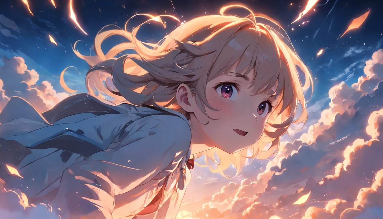 masterpiece, best quality, movie still, 1girl, cloud girl, floating in the sky, close-up, bright, happy, warm soft lighting, sunset, (sparks:0.7)