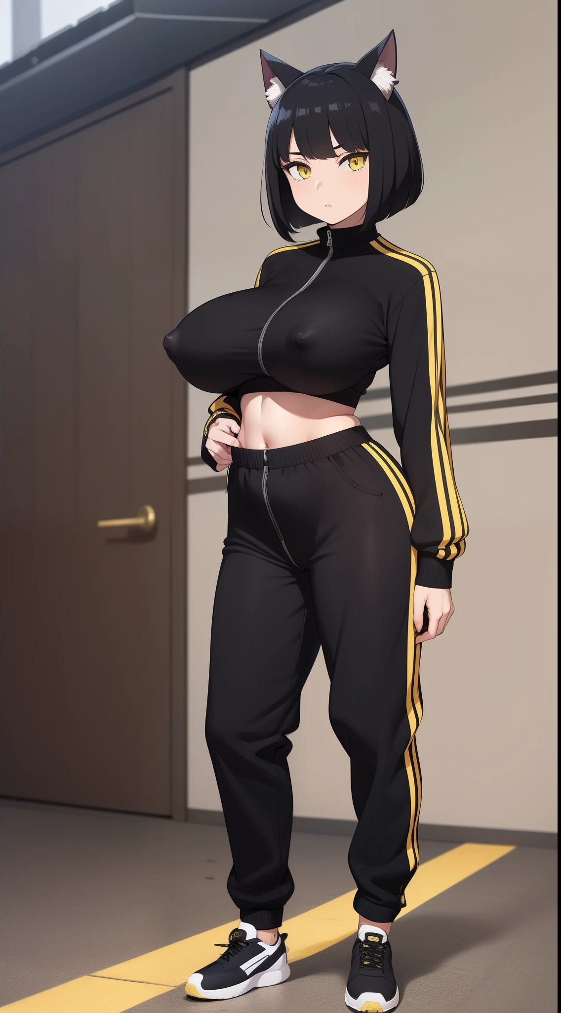 (masterpiece), best quality, perfect face, 1 girl, bob haircut, cat ears, black hair, yellow eyes, black-yellow tracksuit, looking at viewer, long black-yellow track pants, full body, adult, narrow eyes, detailed eyes, stomach showing, standing up, horny, hard nipples, big tits