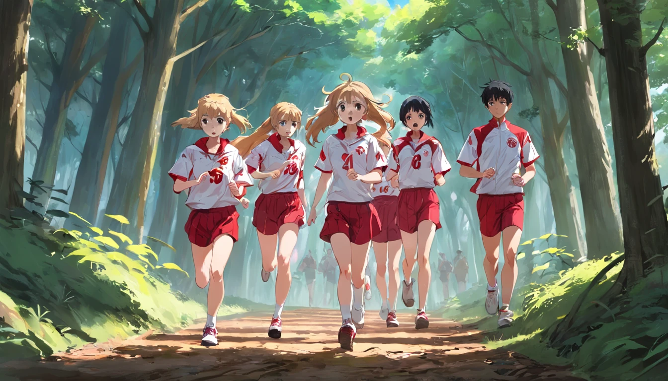 University orienteering team A dozen team members running in the forest wearing red and white uniforms engraved with "Bandit Gang" The title is "Guilin University of Electronic Science and Technology Orienteering Team Promotional Video"