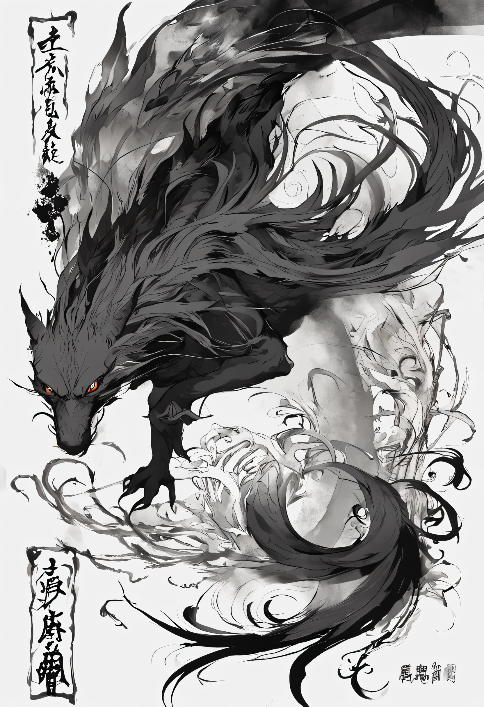 (The Procession of the Enchantment、Born from fog、fumo、Hyakki Night Line、youkai、jpn)::style (Ink painting expressed only by the shade of ink、Expressed only in shades of black and white)