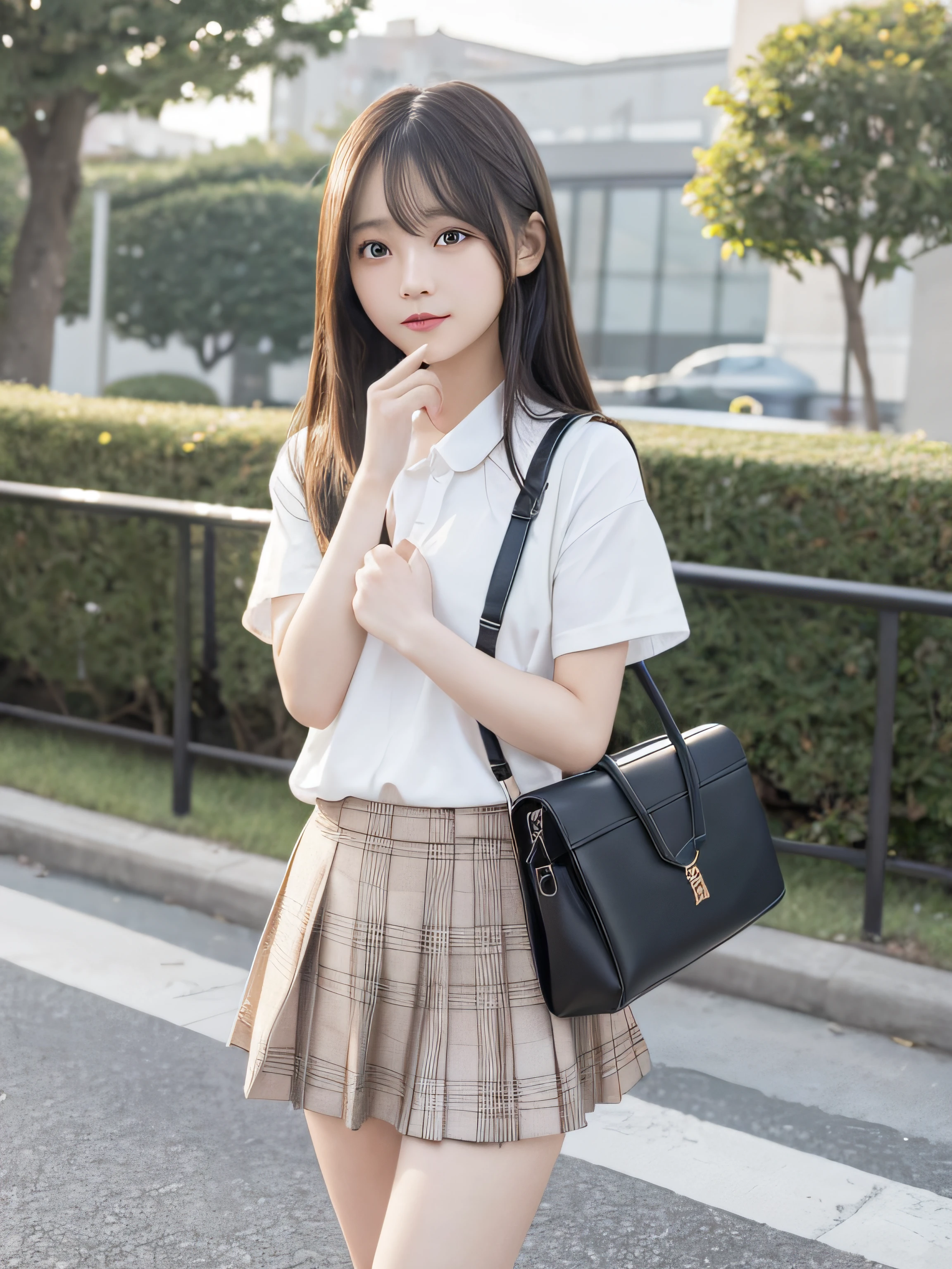 ​masterpiece、top-quality、Official art、Highly detailed CG Unity 8K wallpapers、Like a schoolgirl、a very delicate and beautiful、超A high resolution、（Photorealsitic：1.4）、Golden Hour Lighting、（full bodyesbian）、（Platinum Shorthair：0.8）、（Puffy eyes）、looking at the viewers、facing the front there、Laughing、a miniskirt、longblackhair、A 12-year-old girl、a school bag