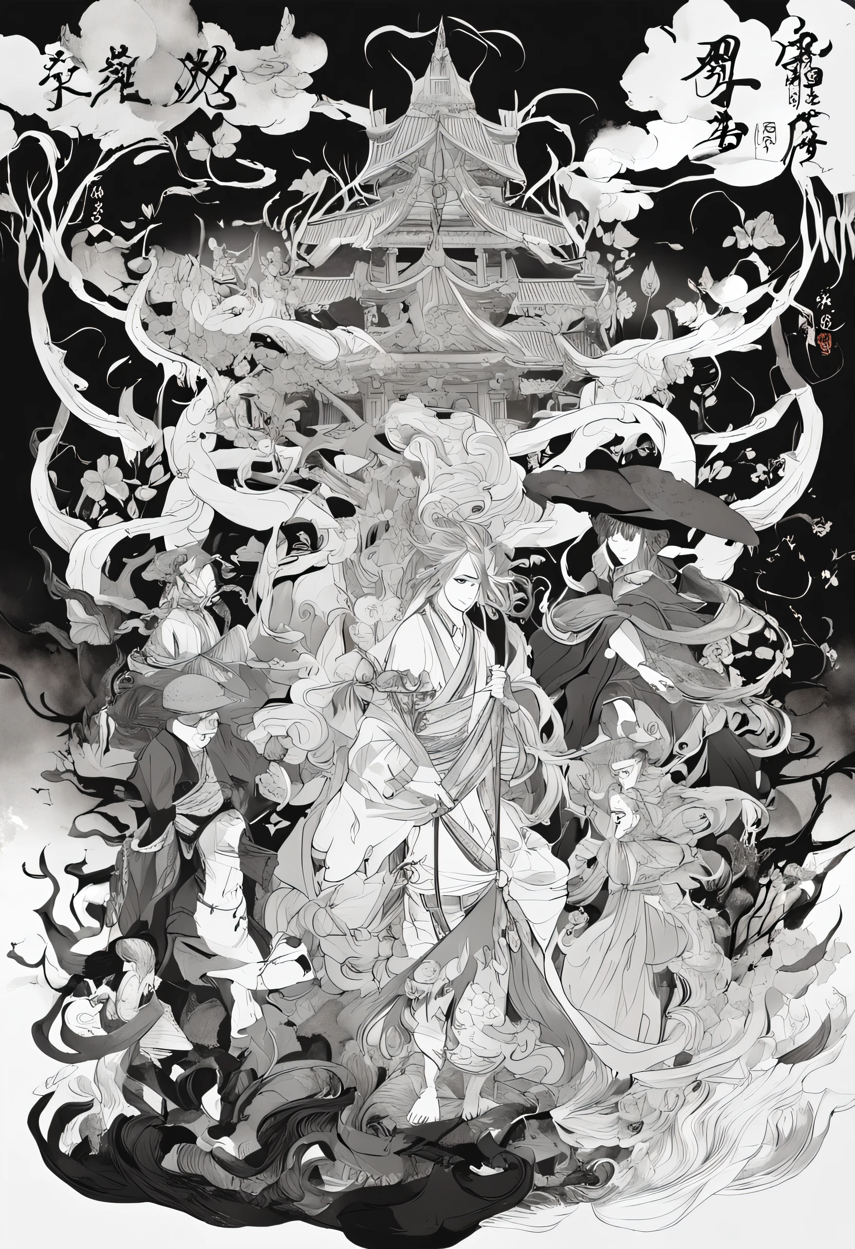 (The Procession of the Enchantment、Born from fog、fumo、Hyakki Night Line、youkai、jpn)::style (Ink painting expressed only by the shade of ink、Expressed only in shades of black and white)