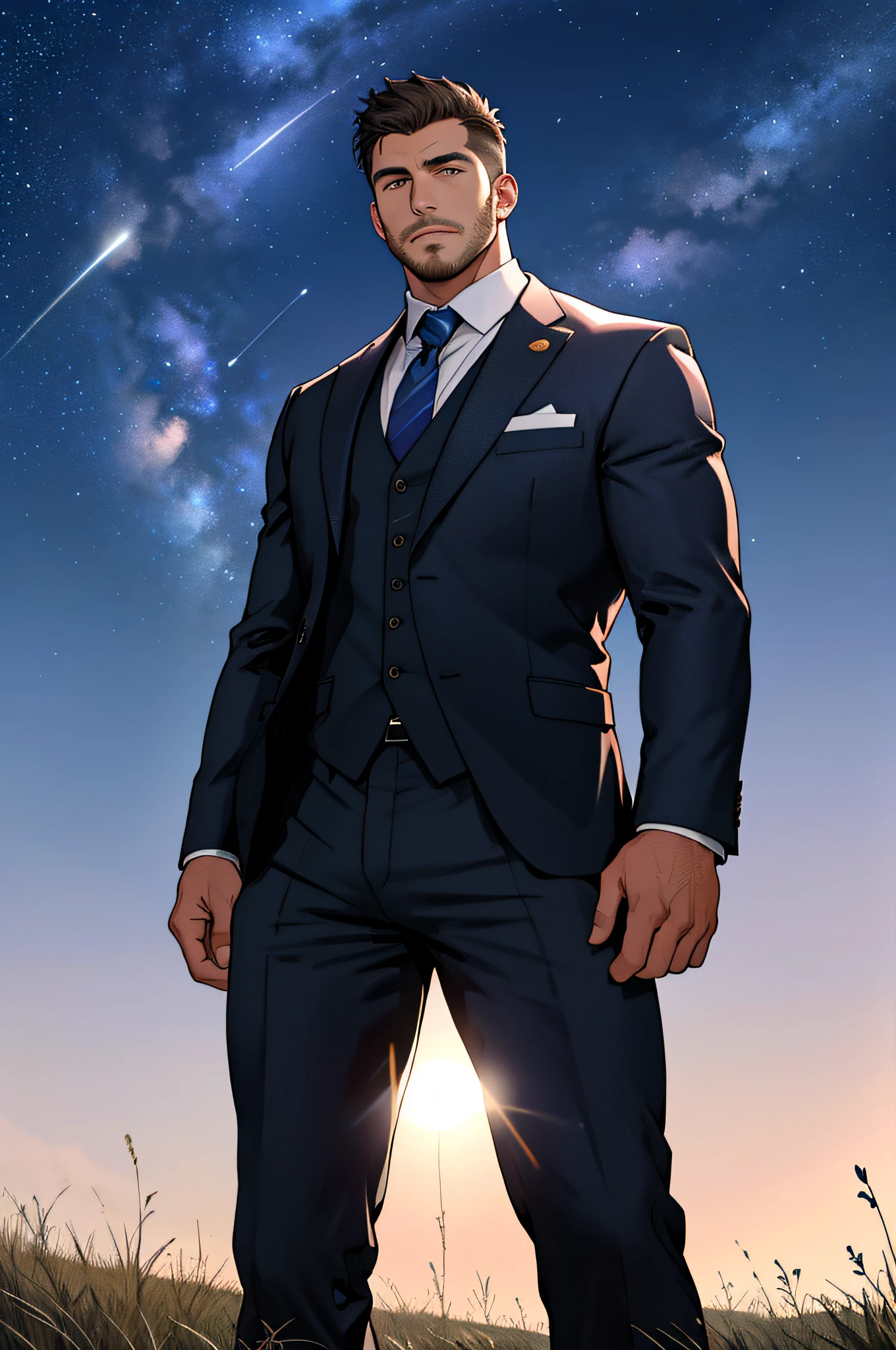 Draw a full-fledged footballer,Standing on the steppe at night,Quiet and comfortable background,He wears the same suit as the country's president,The suit fits perfectly,Handsome face,eyes with brightness,The man looks confident and determined,looking-down,Crew cut,full bodyesbian,Stars dot the sky,shooting from below,Big moon highlights background