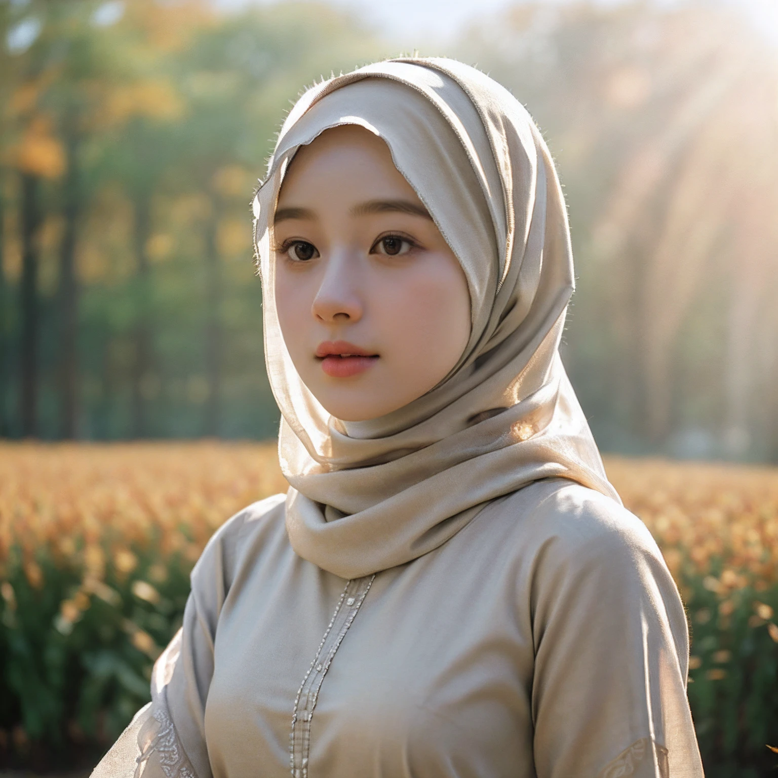 (RAW photo, best quality), (realistic, photo-realistic:1.3), 1 girl, solo girl, extremely delicate and beautiful, Amazing, finely detail, masterpiece, ultra-detailed, highres,(best illustration), (best shadow),intricate,depth of filed, On a summer afternoon, a lovely female muslim dress with tunic, pashmina hijabs, hijab, In the golden hues of autumn, creating a soothing sound, shine eyes, immersing herself in harmony with nature,(blurry background:1.4), sharp focus, volumetric fog, 8k UHD, DSLR, high quality, (film grain:1.4), Fujifilm XT3,