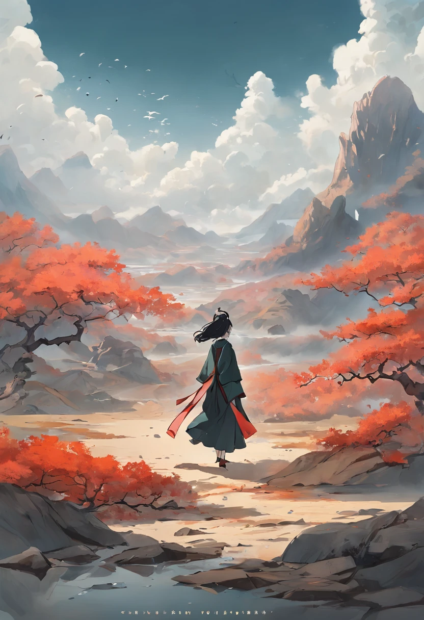 in a Vast Tranquil Landscape, by Scarlett Hooft Graafland, in a Tranquil Landscape, Sergei Zabelin, by Fei Danxu, photo shoot, hyper realisitc, autumnal, chinese surrealism, Hyper-realistic、Ink painting style incorporating Chinese aesthetics。