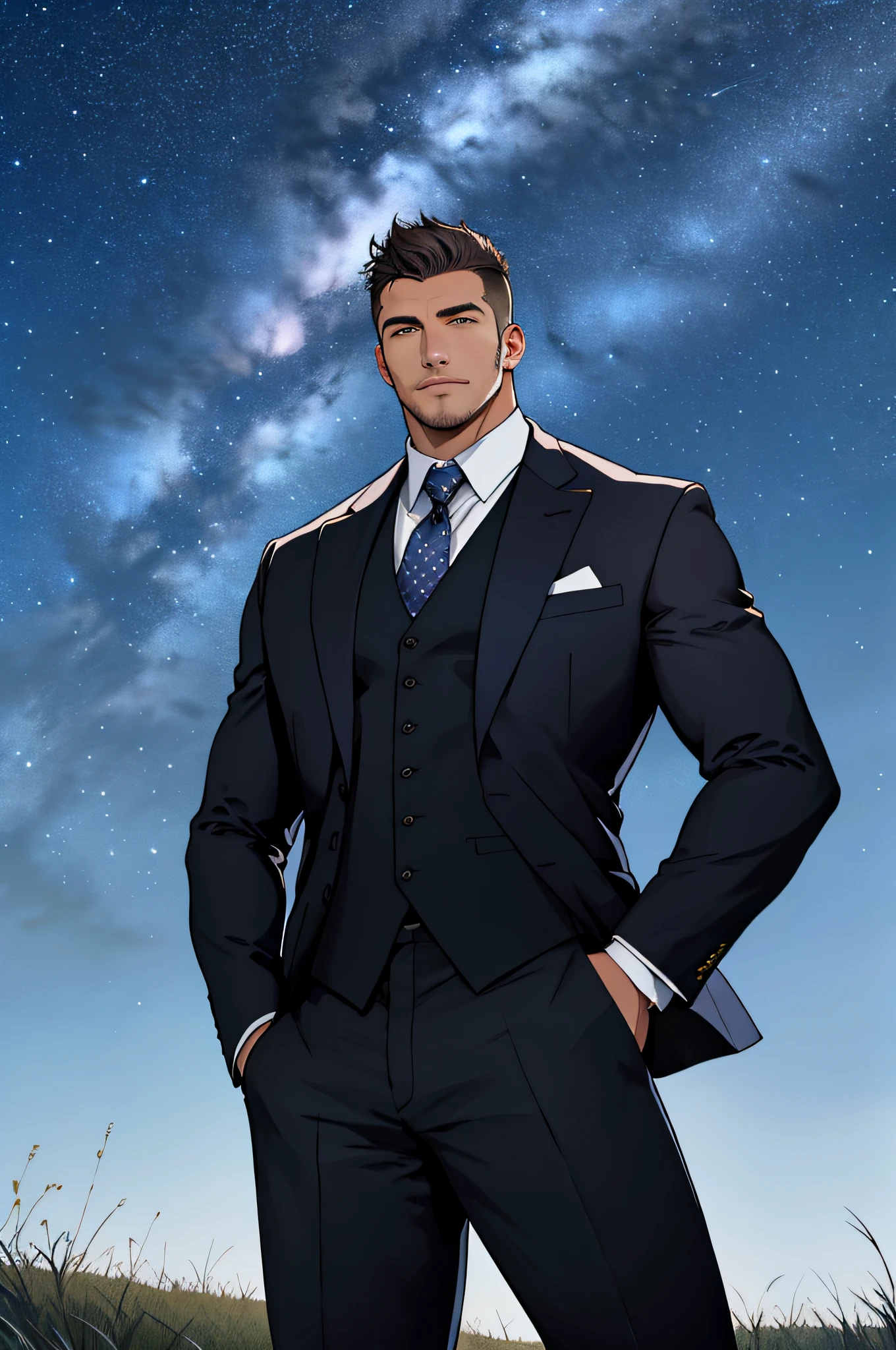 Draw a full-fledged footballer，Standing on the steppe at night，Quiet and comfortable background，He wears the same suit as the country's president，The suit fits perfectly，Handsome face，eyes with brightness，The man looks confident and determined，looking-down，Crew cut，full bodyesbian，Stars dot the sky，shooting from below，Big moon highlights background