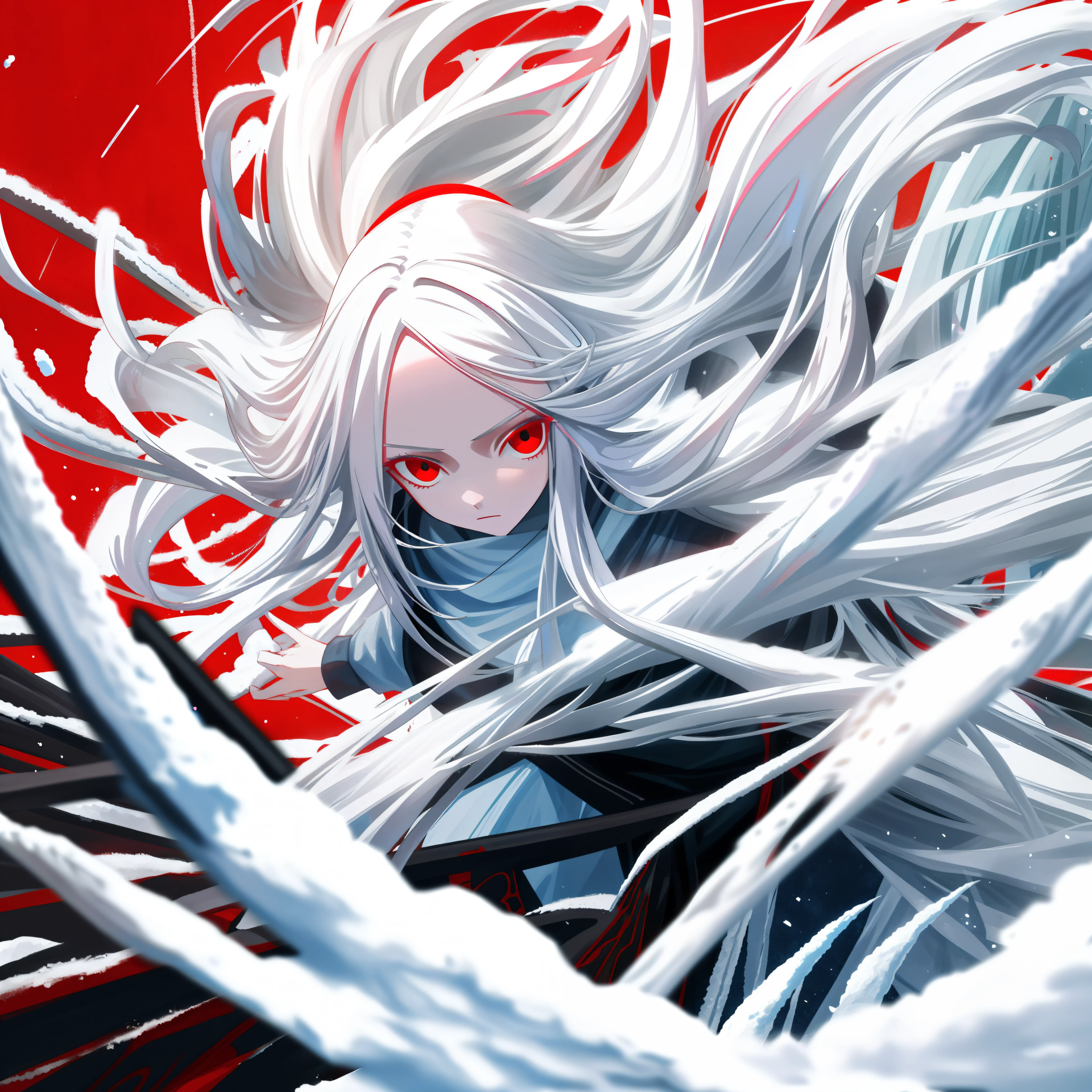 long  white hair，teens girl，red color eyes，The background is a tornado，Poseidon elements，Snow