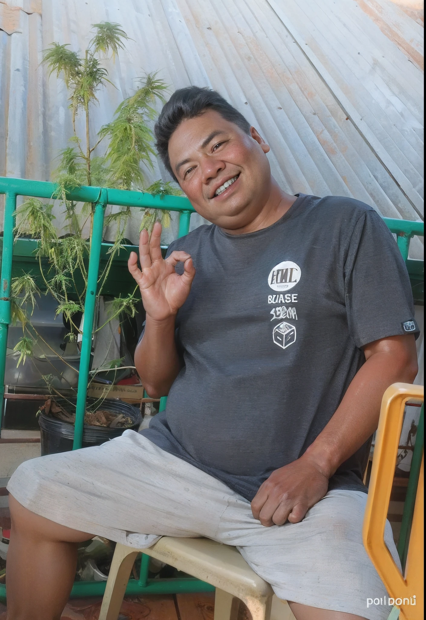 smiling man sitting on a chair with his hands up, with index finger, 30 years old