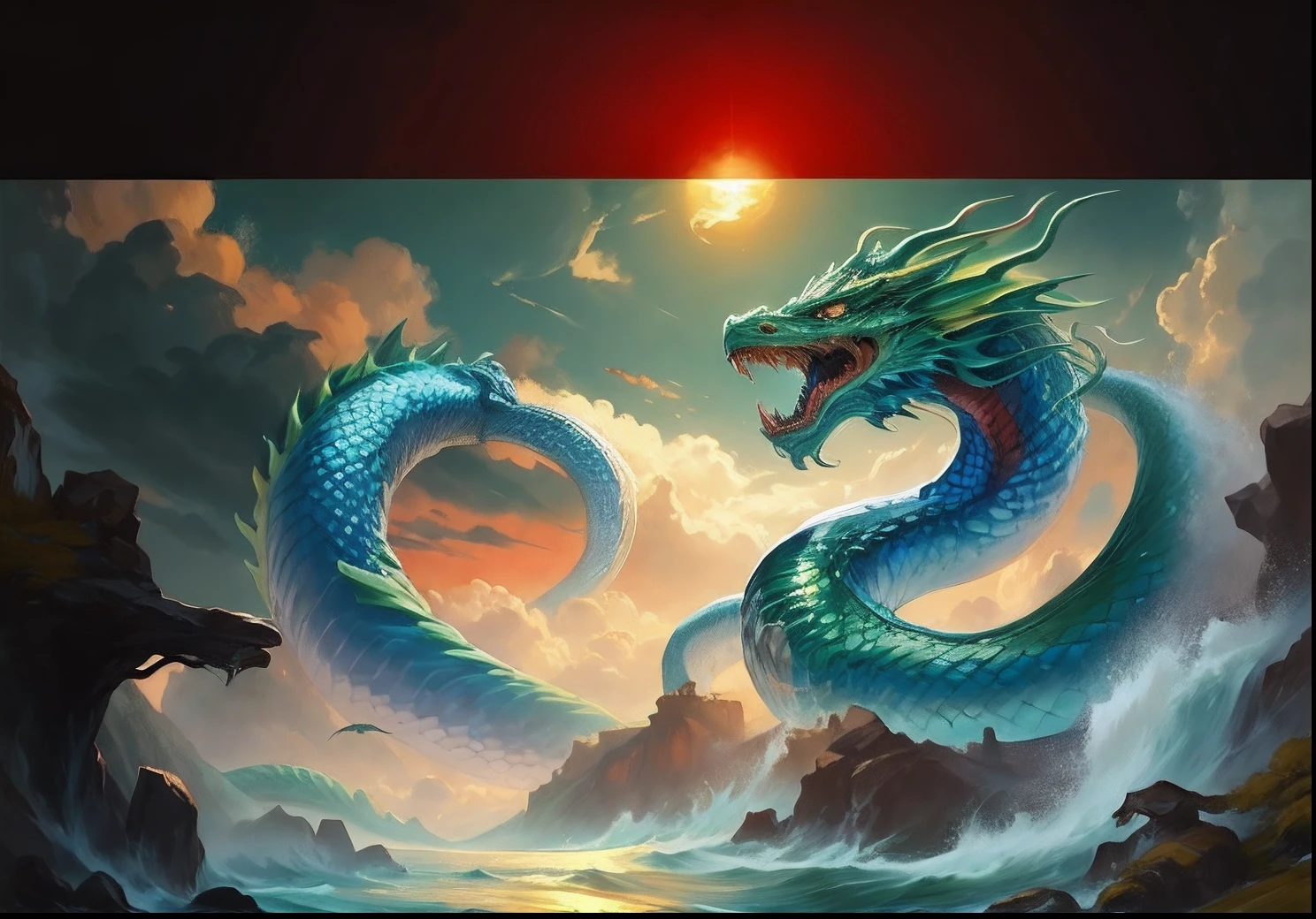 Painting of a dragon with a large beak, green streak and a large tail in the wavy water.,evening,Red Sun, Green Dragon Fantasy, Sea snake, serpentine water monster, water dragon, smooth chinese dragon, chinese dragon concept art, epic dragon, Great mysterious winged snake, Oil painting of a dragon, colossal dragon as background, dragon art, Chinese dragon, blue dragon, Majestic Japanese Dragon, God of Dragons,Serpent