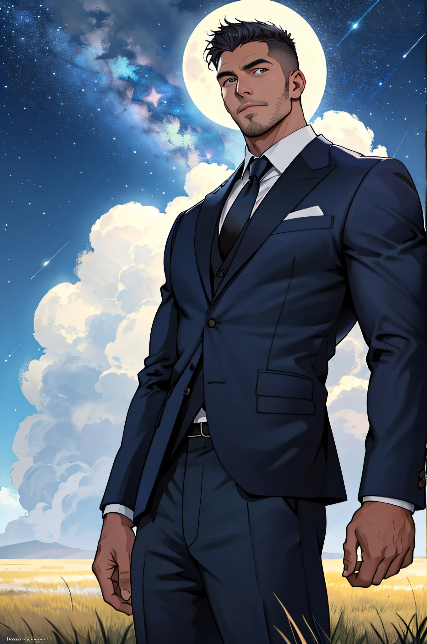 Draw a full-fledged footballer，Standing on the steppe at night，Quiet and comfortable background，He wears the same suit as the country's president，The suit fits perfectly，Handsome face，eyes with brightness，The man looks confident and determined，looking-down，Crew cut，full bodyesbian，Stars dot the sky，shooting from below，Big moon highlights background
