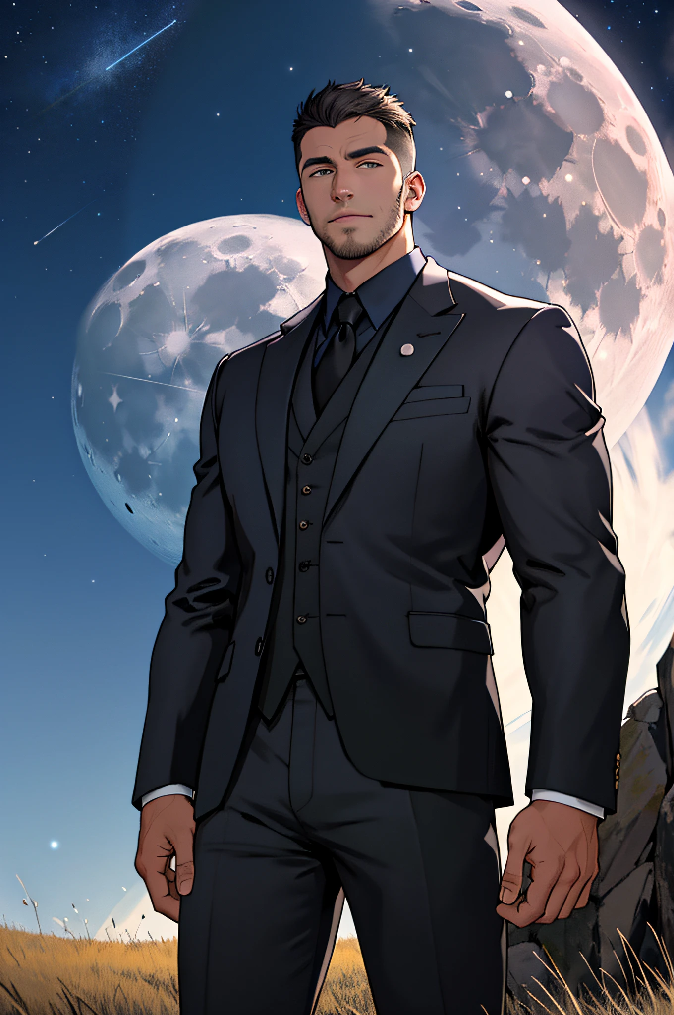 Draw a full-fledged footballer,Standing on the steppe at night,Quiet and comfortable background,He wears the same suit as the country's president,The suit fits perfectly,Handsome face,eyes with brightness,The man looks confident and determined,looking-down,Crew cut,full bodyesbian,Stars dot the sky,shooting from below,Big moon highlights background