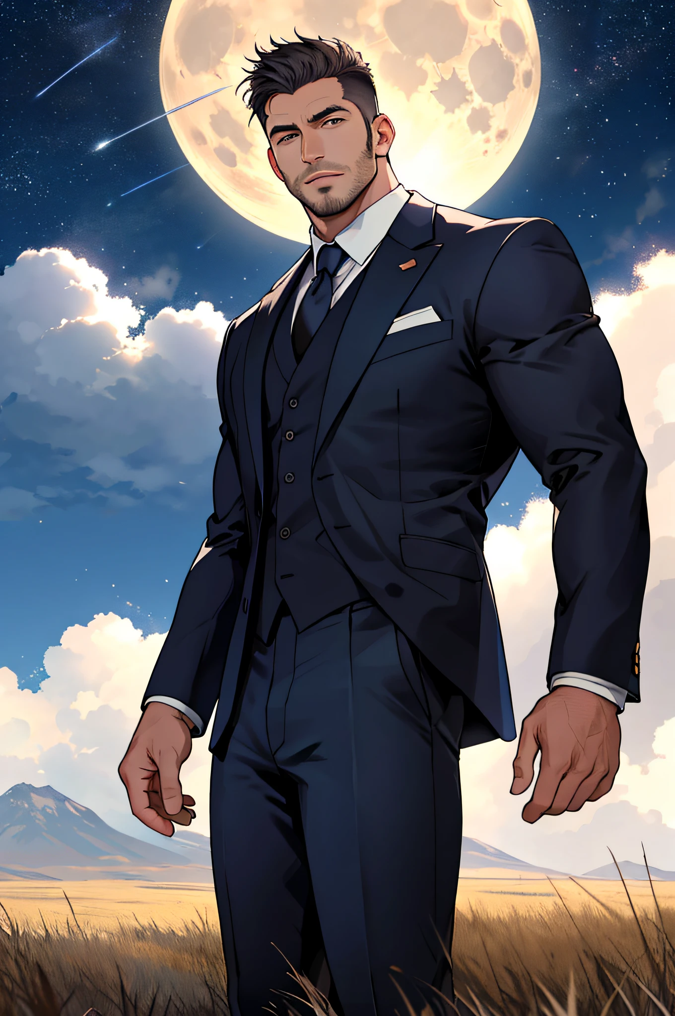 Draw a full-fledged footballer，Standing on the steppe at night，Quiet and comfortable background，He wears the same suit as the country's president，The suit fits perfectly，Handsome face，eyes with brightness，The man looks confident and determined，looking-down，Crew cut，full bodyesbian，Stars dot the sky，shooting from below，Big moon highlights background