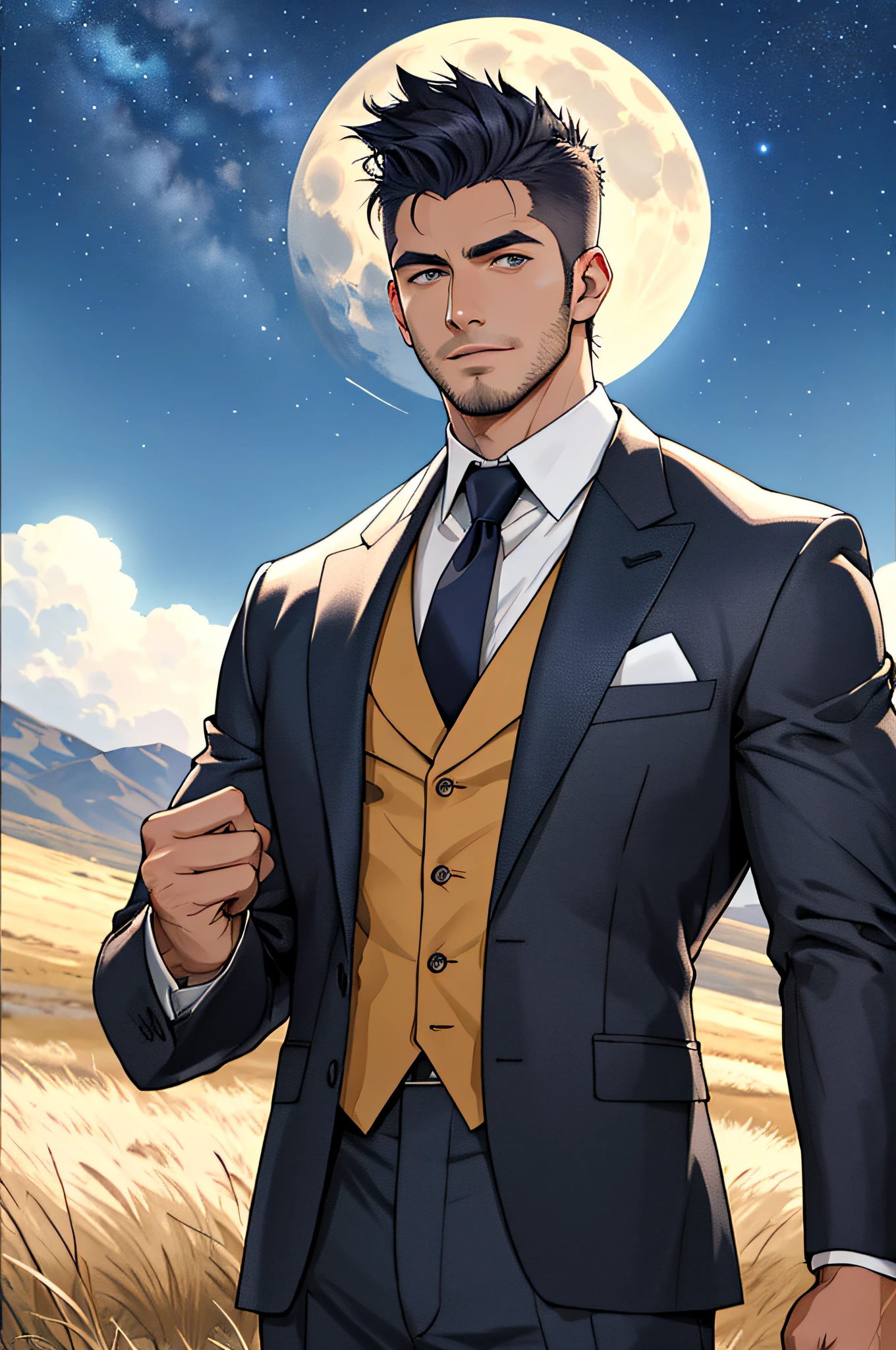 Draw a full-fledged footballer，Standing on the steppe at night，Quiet and comfortable background，He wears the same suit as the country's president，The suit fits perfectly，Handsome face，eyes with brightness，The man looks confident and determined，looking-down，Crew cut，full bodyesbian，Stars dot the sky，shooting from below，Big moon highlights background