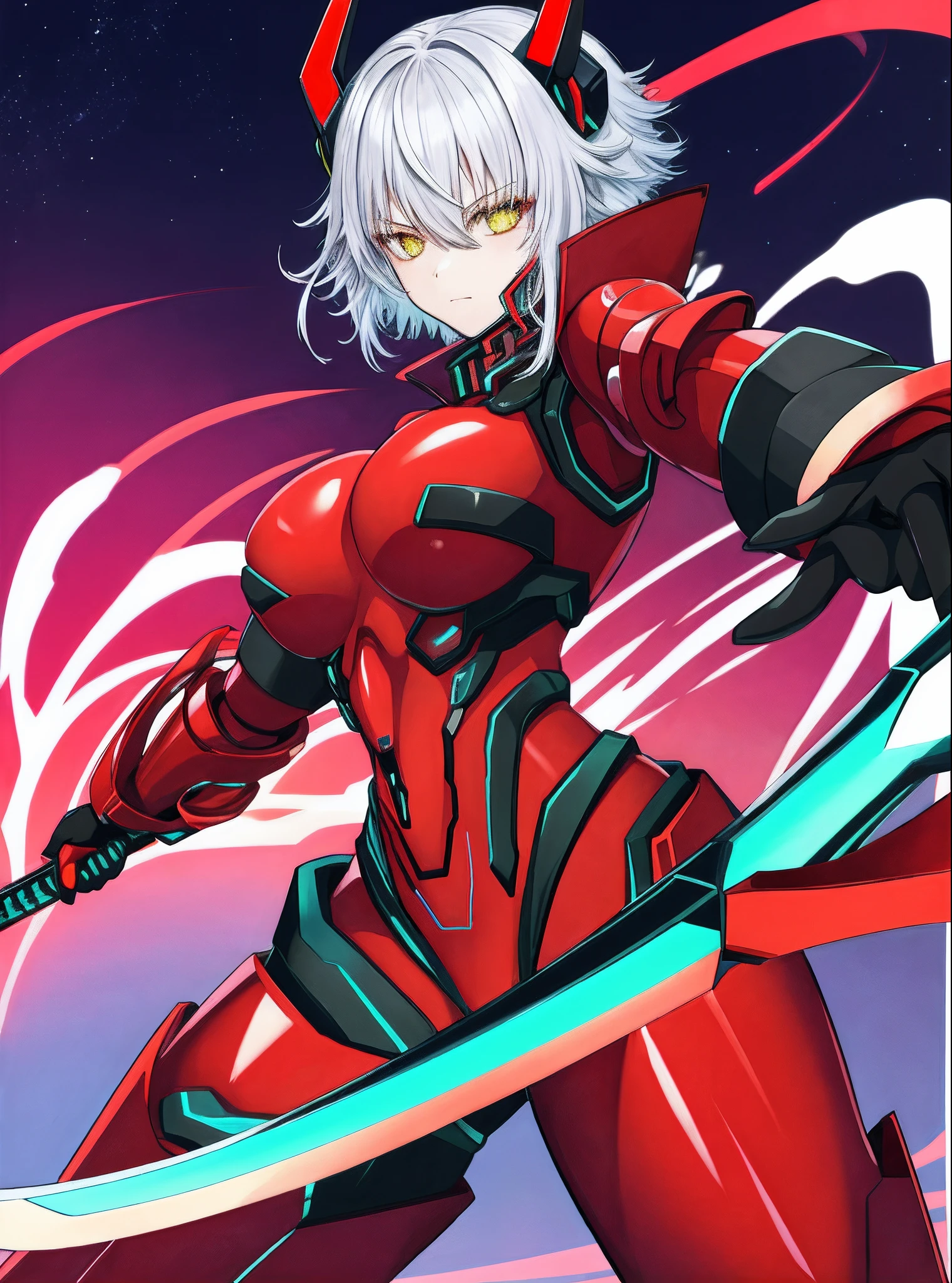 masterpiece, detailed, high quality, absurdres, zentreya, 1girl, red bodysuit, science fiction, bodysuit, weapon, holding weapon, mechanical horns, skin tight, holding, jacket, open clothes, short hair, sword, mechanical legs, holding sword, robot, thighs, open jacket, black jacket, solo, looking at viewer, closed mouth, glowing, thick thighs, cyborg, shiny clothes, armor, covered navel, solo focus, mecha, muscular, glowing eyes,