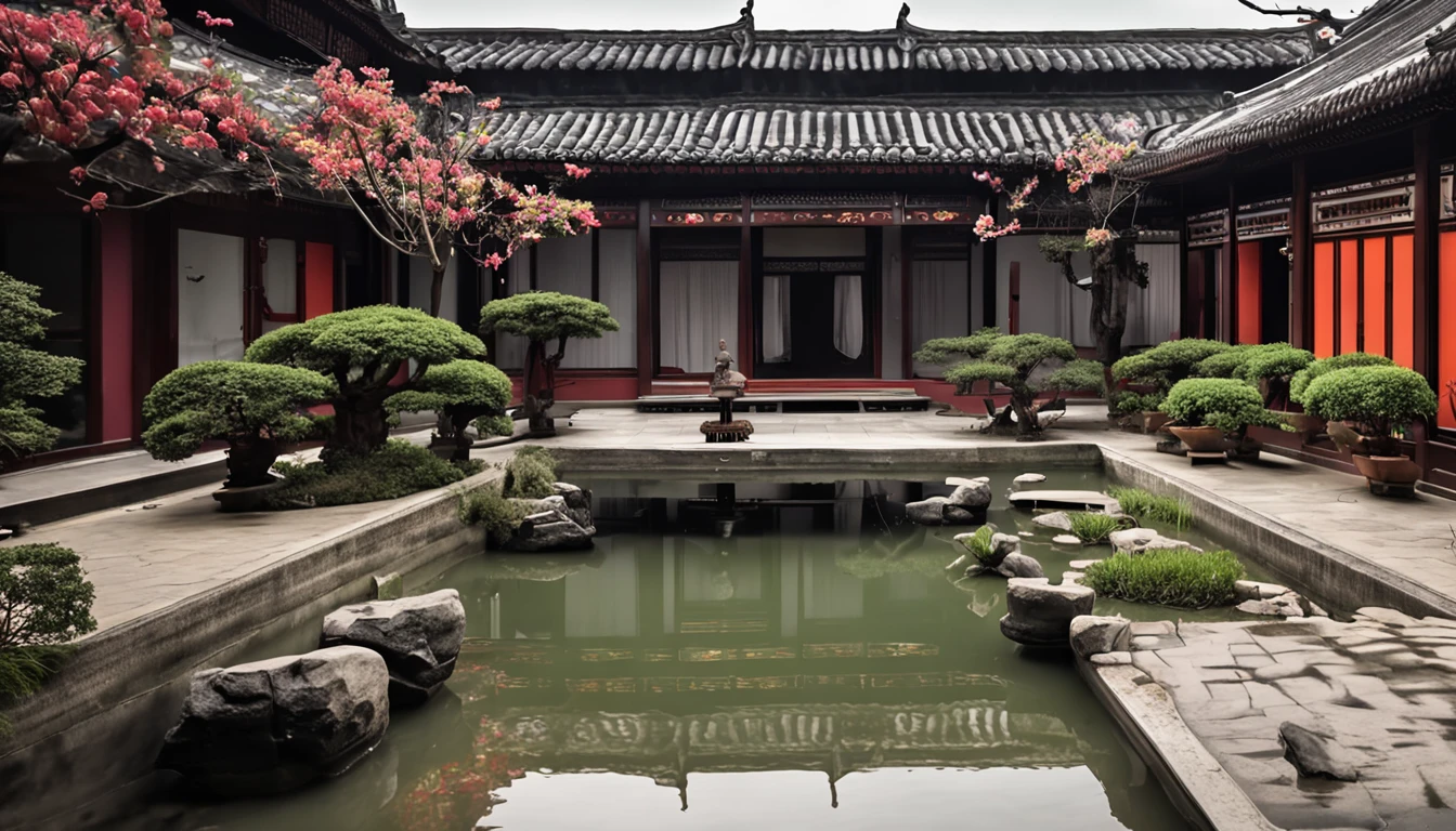 wide wide shot,Chinese Garden,After entering the courtyard,You will see a spacious and tidy courtyard。It is surrounded by rooms with different functions,The floor of the courtyard is paved with stone slabs,It is surrounded by bamboo。A variety of green plants are planted in the corner of the courtyard,Such as flowers and plants、Bamboo and small trees, etc。Greenery grows well,It brings a fresh atmosphere and natural beauty to the courtyard。In the middle of the courtyard,There is some simple but comfortable outdoor furniture,For people to rest、Chat or read。China-style.
