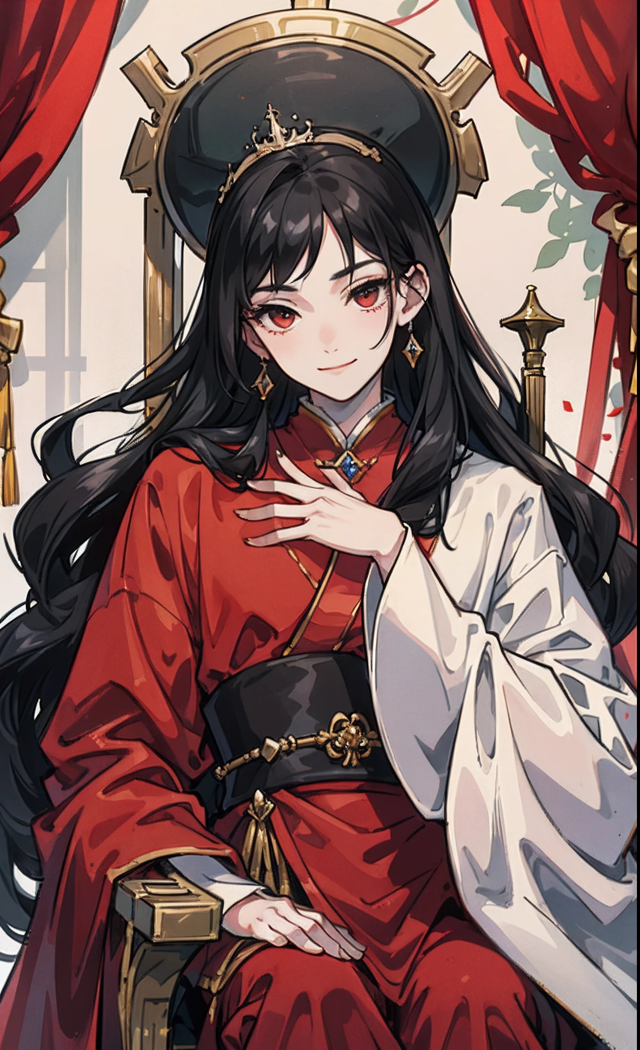 opulent,Red velvet curtains,人物,male people,Thick coating,delicated,black color hair,ssmile,a throne,
