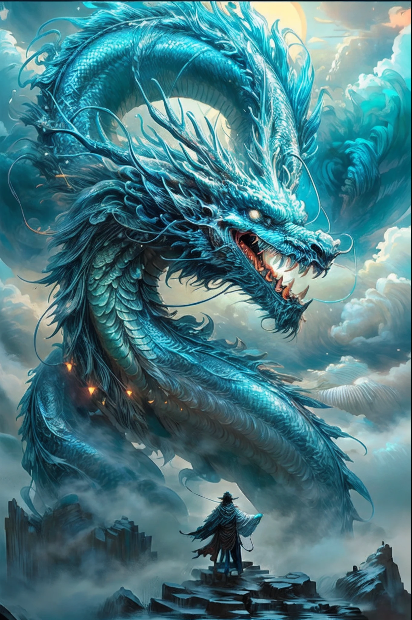 there is a dragon that is flying over a boat in the sky, cyan chinese dragon fantasy, frost dragon, blue dragon, highly detailed fantasy art, colossal dragon as background, blue scaled dragon, hyperrealistic d & d fantasy art, chinese dragon concept art, dragon art, oil painting of dragon, detailed fantasy art, chinese dragons fighting, epic dragon, by Arthur Pan