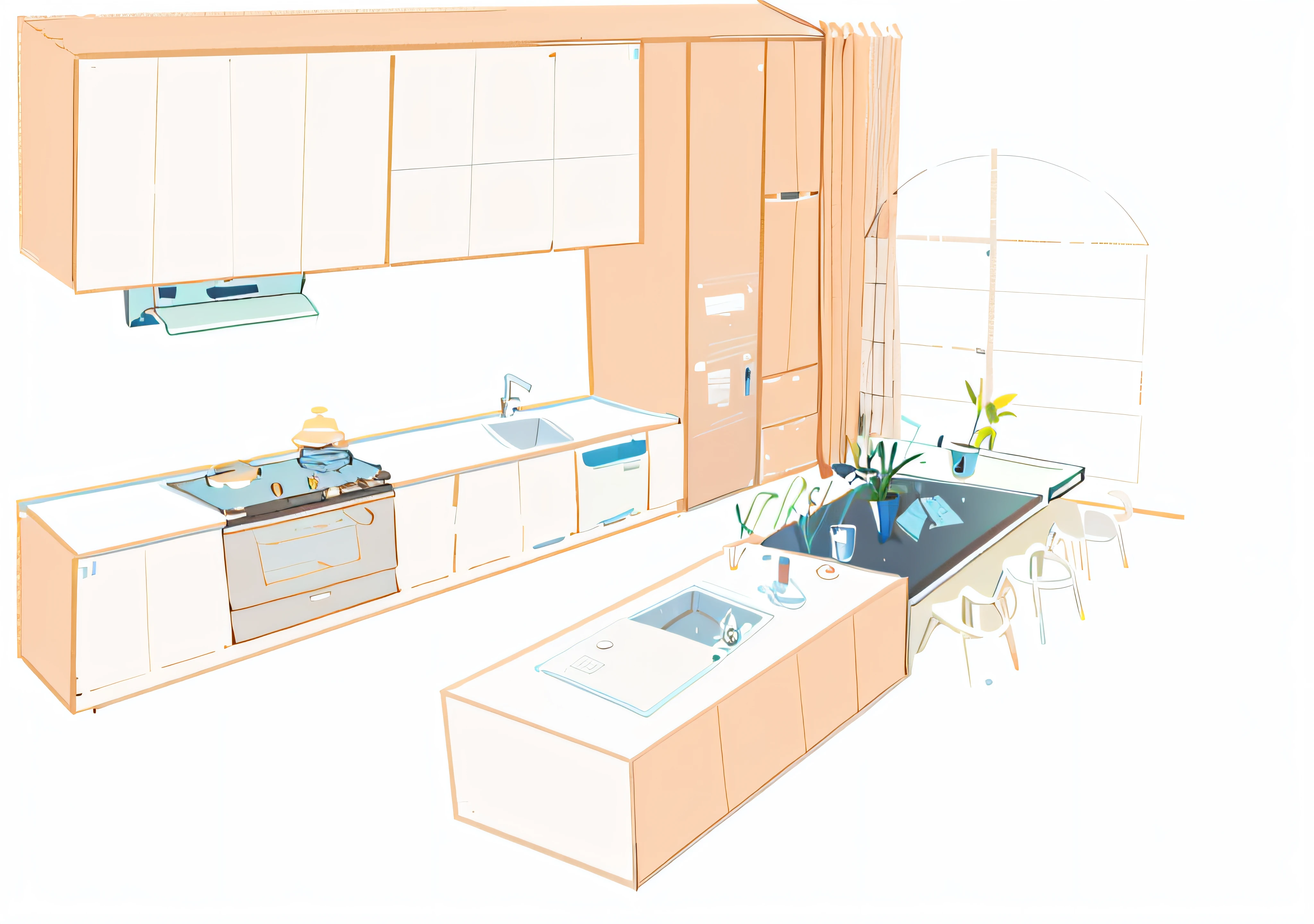 A kitchen drawing with table, chairs and windows, overlap perspective, animation style render, overheard camera view of kitchen, conceptual drawing, Animate, conceito, comprehensive 2 d render, 2 - point perspective, 1-point perspective, orthographic perspective, 3 d point perspective, one-point perspective, three point perspective, Kitchen