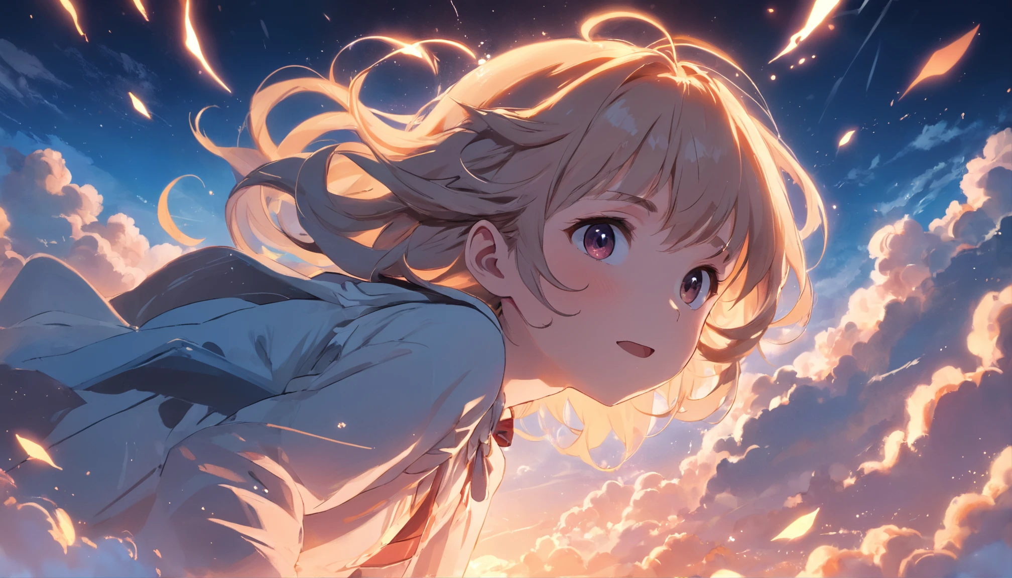masterpiece, best quality, movie still, 1girl, cloud girl, floating in the sky, close-up, bright, happy, warm soft lighting, sunset, (sparks:0.7)