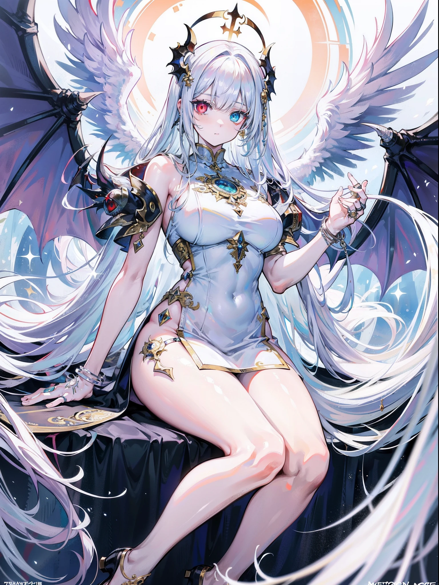  ((best quality)), ((masterpiece)), (detailed), 1girl, NSFW, long white grey hair, grey white eyes, very skinny, detailed, best quality, prominent collarbones, skinny arms, flat stomach, visible hip bones, small breasts, full body, blank white background, plain background, white background, red and white clothing, Bloodborne inspired, occult aesthetic, occult, detailed and intricate steampunk and detailed gothic, NSFW, Fluttering lace flared long knee length dress with frilly petticoats, knee length dress, pleated petticoats, petticoats gothic, complex lace boots, gothic aesthetic, wielding a mighty sword with mechanical components, mandalas, small breasts, a fairy, various different types of insect wings, bug wings, beetle wings, NSFW, full body, whole body, body, chains, 