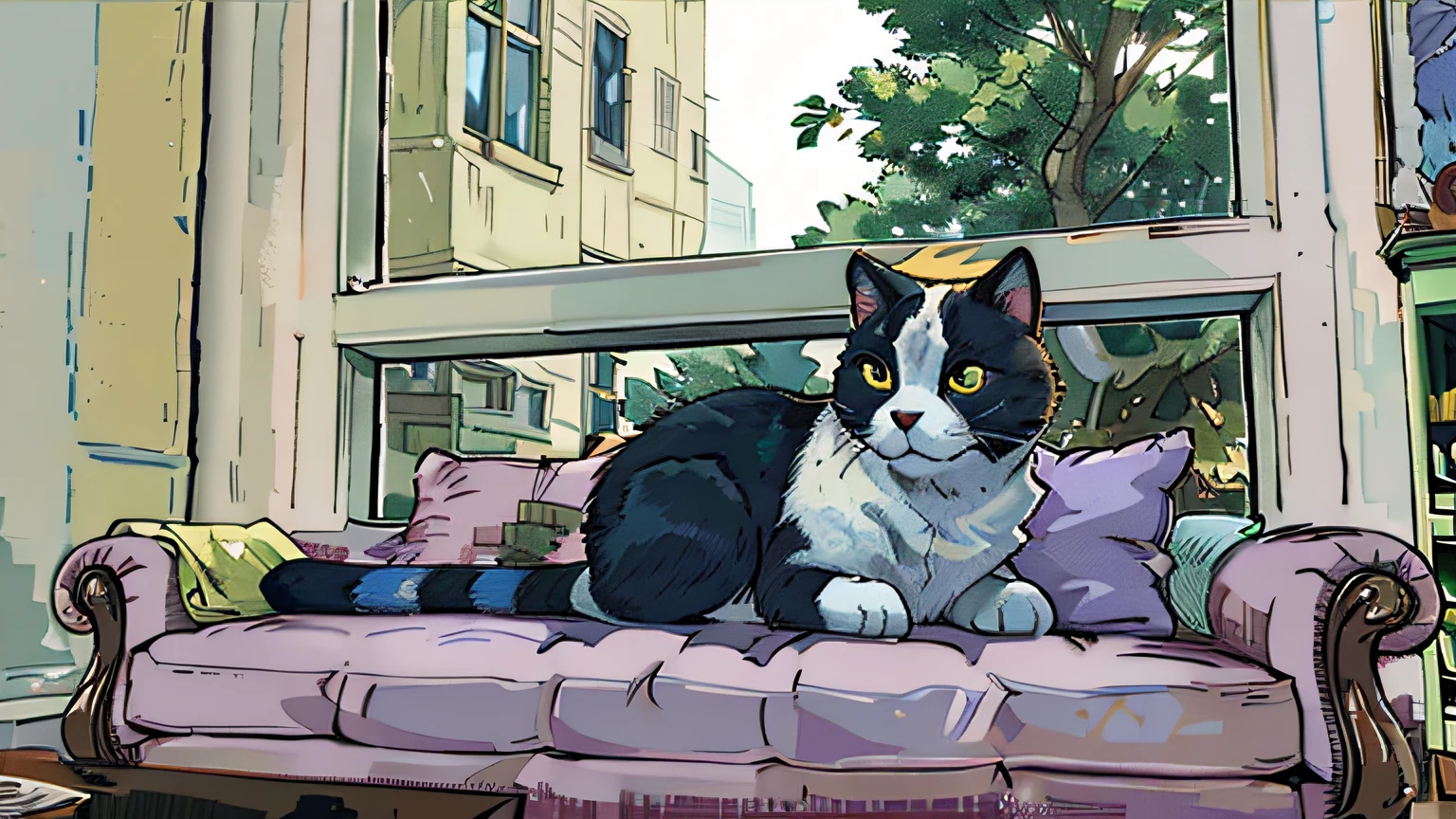 There was a cat sitting on the sofa in front of the window, Sitting on the sofa, sitting in the couch, sitting in the couch, sitting in the couch, sitting in the couch, chonker cat, a cat sitting in a chair, sitting down casually, sitting on a window sill, cat on a windowsill, sitting on rooftop