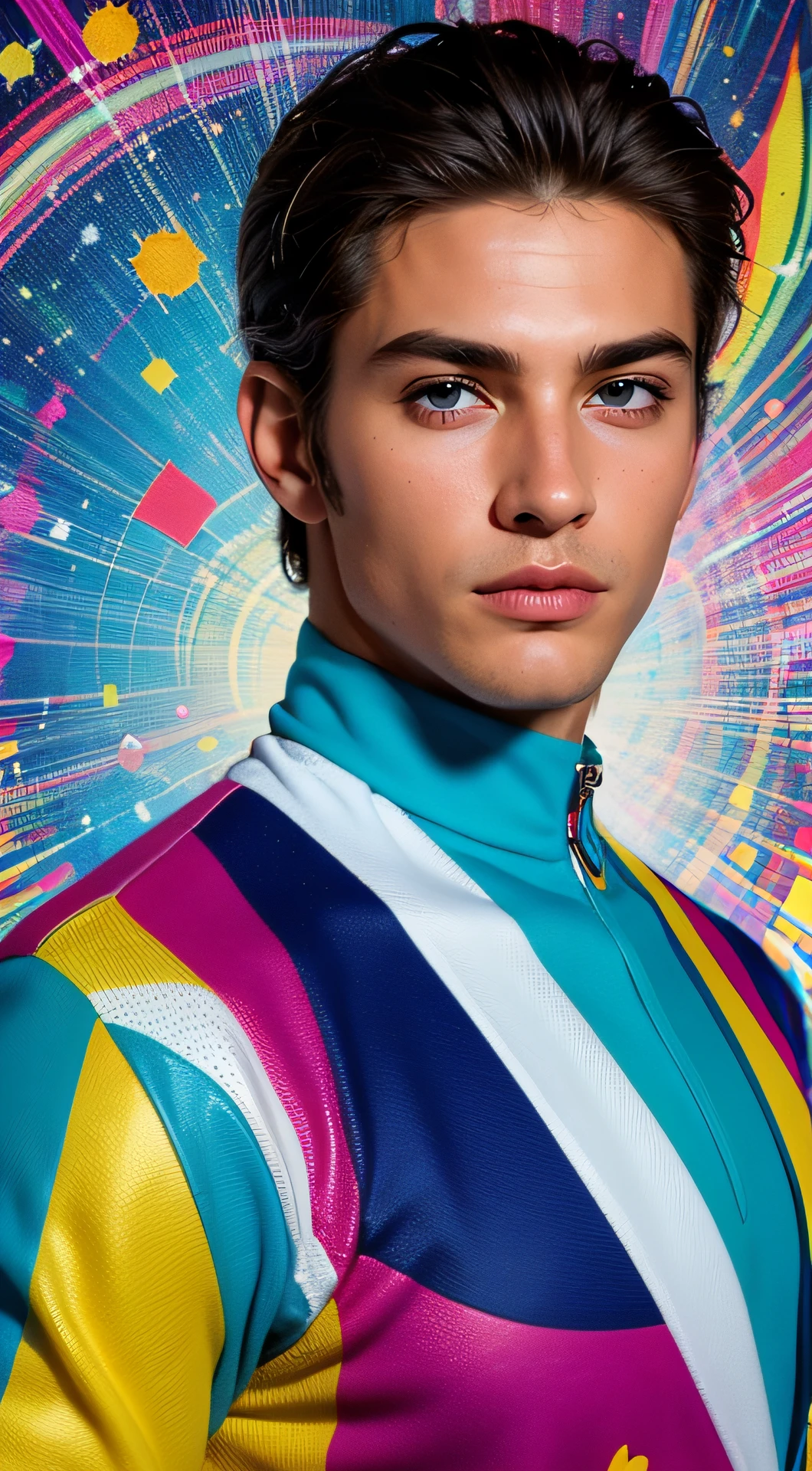 (un hombre, LOÏC BRUNI, 35 years old., French mountain biking competitor, Posa de frente y relajado, alegre, sonriente. Eduardo Kobra ,Romero Brito,Los gemelos que se llenan ,multidimensional geometric wall PORTRAIT, arte, Chibi, yang08k, Beautiful, Colorante, Obras primarias, calidad superior, La mejor calidad, arte oficial, beautiful and aesthetic, 512 mil