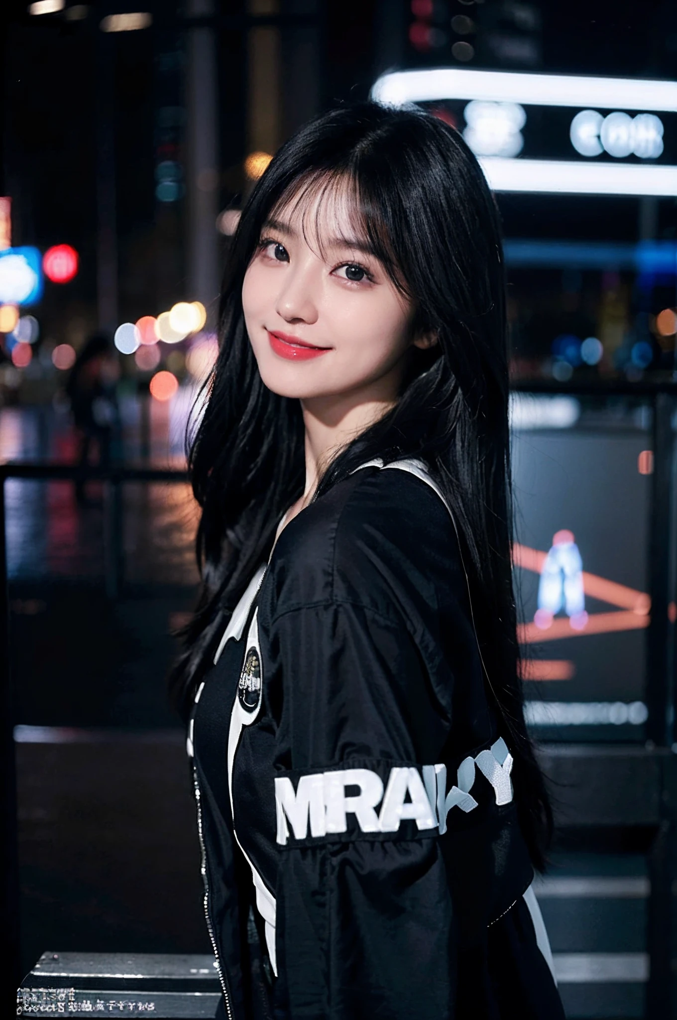 best qualtiy、​masterpiece、photoRealstic、intricate-detail、Photon Rendering、Octane Rendering、absurderes、ultra-detailliert、A detailed face、Detailed skin、Trending in art stations、8K Masterpiece、lighting like a movie、( (1girl in))、((独奏) ))、((Behold))、CG Social Trends、Plastic En、((Black Long Hair))、((Beautuful Women))、(A smile)，Happy、fashion magazine、night view of a background，Wearing black and white clothes with letters written on them，Wearing Extensions，An ultra-high picture quality，Facing the front
