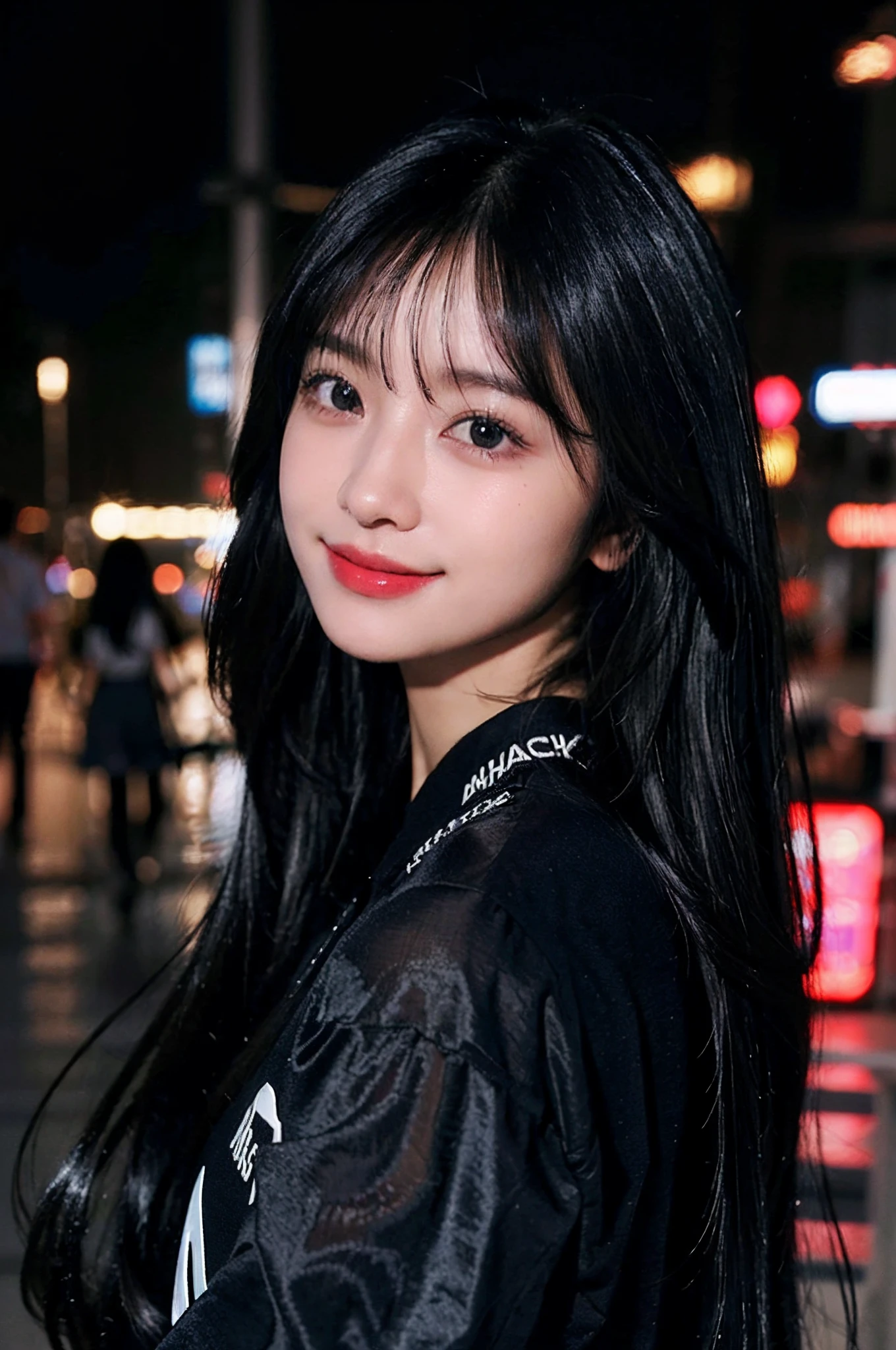 best qualtiy、masterpiece、photoRealstic、intricate-detail、Photon Rendering、Octane Rendering、absurderes、ultra-detailliert、A detailed face、Detailed skin、Trending in art stations、8K Masterpiece、lighting like a movie、( (1girl in))、((独奏) ))、((Behold))、CG Social Trends、Plastic En、((Black Long Hair))、((Beautuful Women))、(A smile),Happy、fashion magazine、night view of a background,Wearing black and white clothes with letters written on them,Wearing Extensions,An ultra-high picture quality,Facing the front