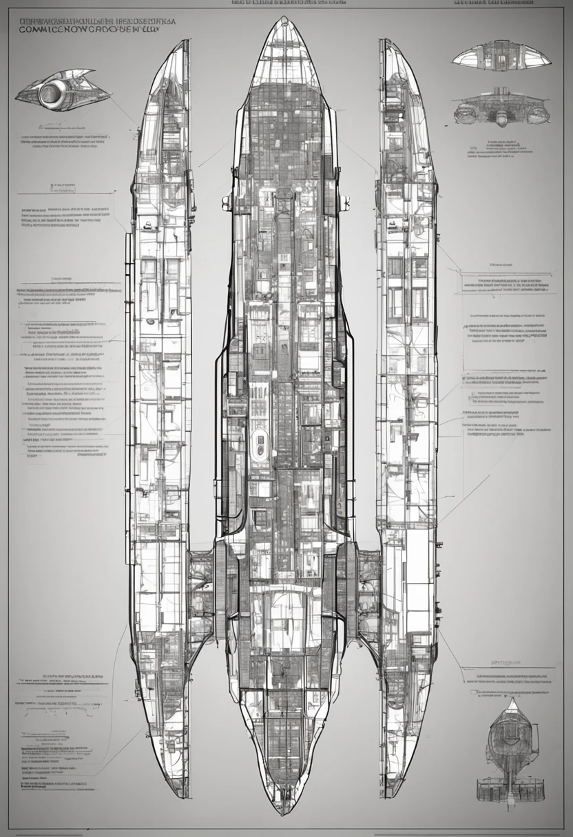 highly detailed precision blueprints of a military grade starship, used for construction in a 3d modeler