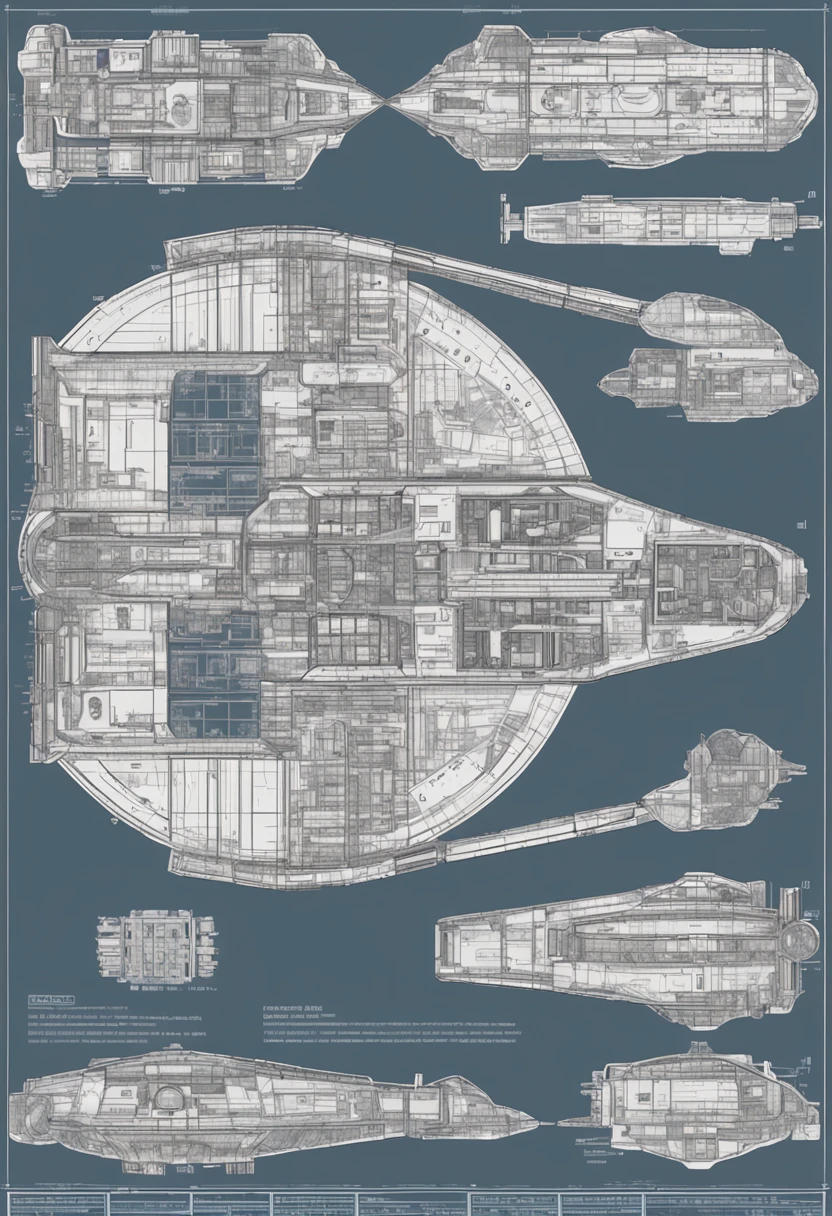 highly detailed precision blueprints of a military grade starship, used for construction in a 3d modeler