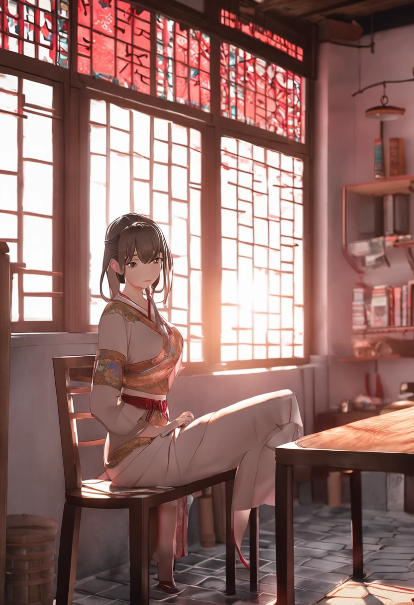 (natta:1.7), east asian architecture, 1female,Sitting on tatami mats, （Cheongsam）, brunette color hair，（hair between eye）, Pull back, lip flap, 20yr old,Beautiful fingers,Beautiful long legs,Beauty body，pretty nose，Beautiful character design，perfect  eyes，s the perfect face，looking at viewert，（Innocent_Big_Eyes：1.0），（Light_Smile：0.3），offcial art，Very detailed CG unity 8K wallpaper，Perfect litthing，Extremely colorful，Bright_Front_face_lighting，（tmasterpiece:1.0),(Best_quality:1.0), 超A high resolution,4K,ultra - detailed, photography of, 8K, hdr, A high resolution, absurderes:1.2, Kodak Portra 400, filmgrain, The background is blurred out, Bokeh:1.2, lens flare glow, ( vibrant_Color:1.2) (Beautiful,Large_Breasts:1.4), (Beautiful_face:1.5),(Narrow_waistup)