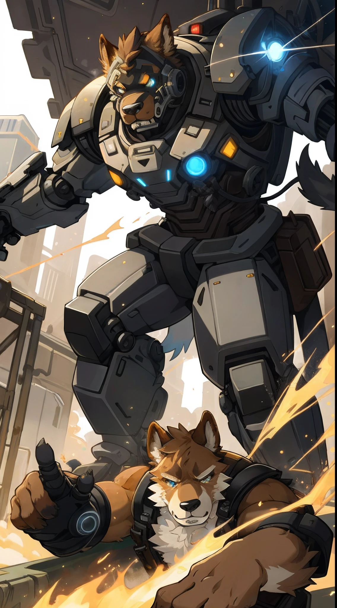 highres, top quality, best quality, paid reward available, High-quality illustrations, unparalleled masterpiece, Cyberpunk, steam punk(super handsome boy, single, kemono)Mechanical marvel, Robotic presence, Cybernetic guardian, worn-out mech suit, intricate(steel metal, rusty)(furry anthro:1.7)(Furry body, dog facial features, dog body features)elegant, clear focus, absurdres(highly detailed beautiful face and eyes)perfect anatomy, expression, caustics, dynamic lighting, light rays, light particles, lens flare, deep shadow, assorted poses, dynamic angle,
