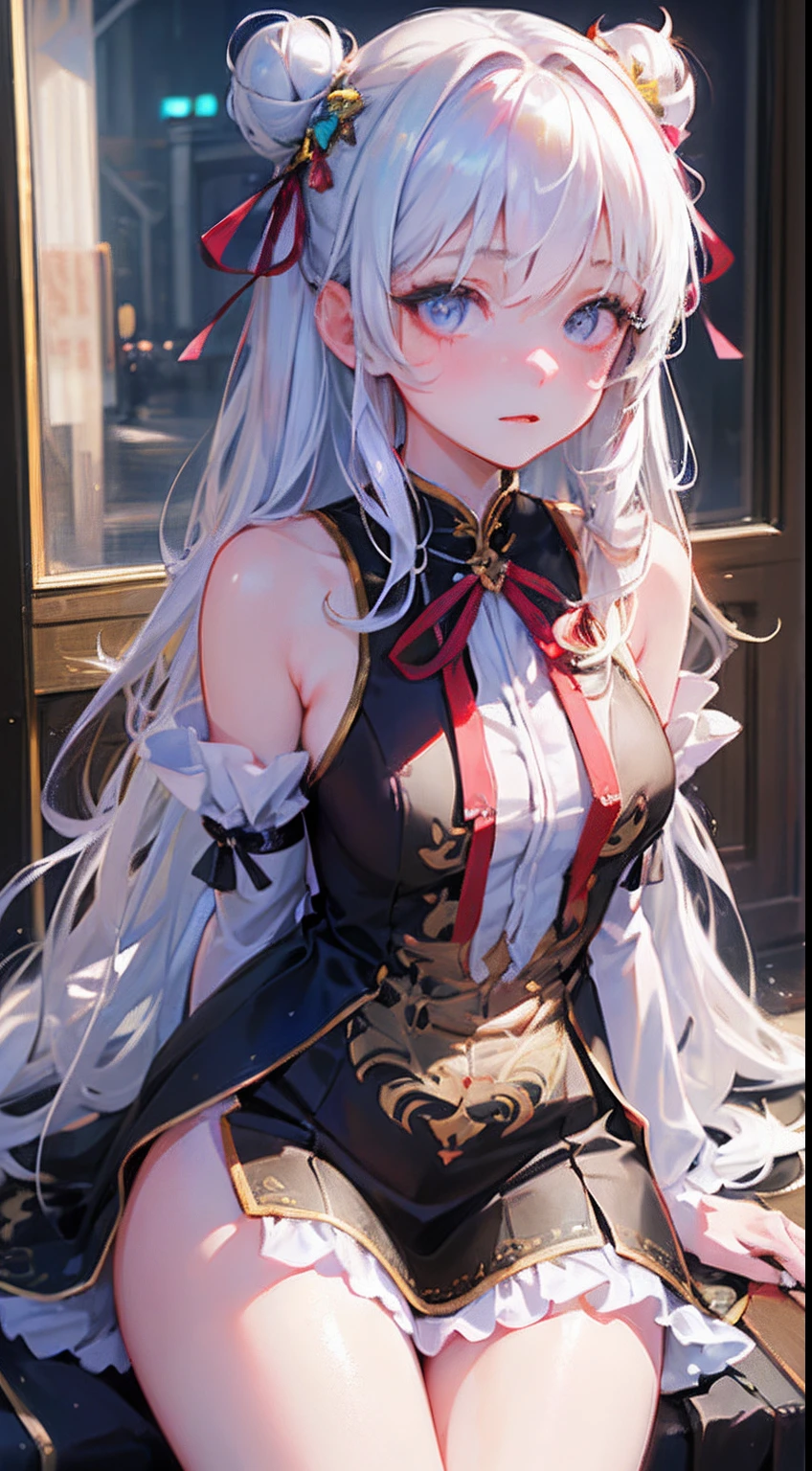 realisitic、Photorealsitic、masterpiece、top-quality、1girl in、Look at viewers、((masterpiece))、((top-quality))、((Official Art))、(extremely detailed CG unified 8k wallpaper)、((ighly detailed))、((girl with)、(single)、gaze、Leprechaun、hair_ornament、(Very long hair)、(messy_hair)、bare shoulders、bow ribbon、hair between eye、Beautiful detailed sky、a closeup、arms behind back、thighs thighs thighs thighs、mist-shrouded、Ao Dai、over exposure、独奏、incredibly_absurdres、intense angle、pleated dress、single hair bun、white_hair、red_eyes、eyeshadows、eye liner、eyes visible through hair、Ribbon trimmed sleeves、